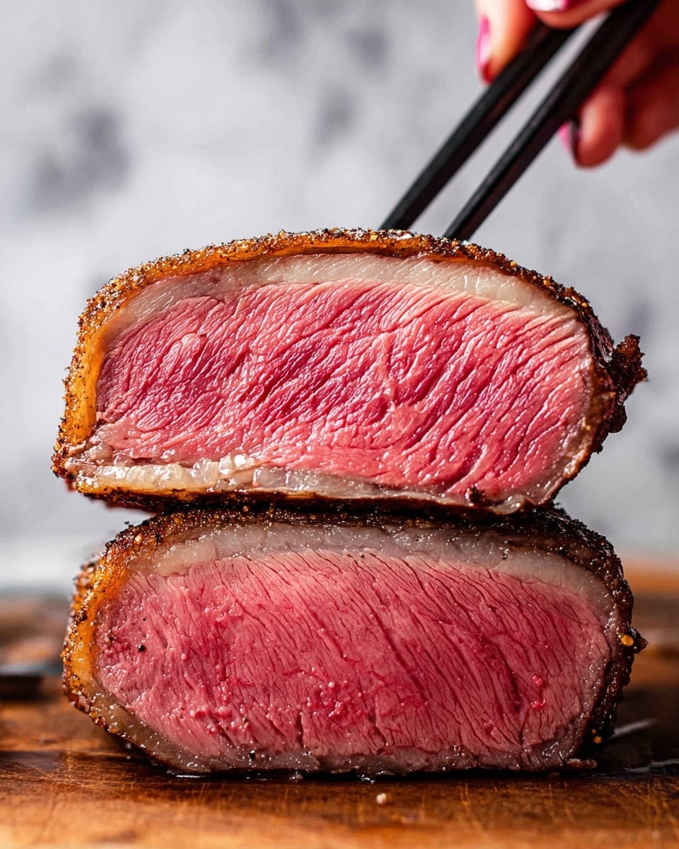 A close-up image shows two thick slices of medium-rare cooked meat stacked on top of each other, held by a woman's hand gripping a knife from above. Each slice has three main layers: a crispy, golden-brown top crust with a slightly textured surface, a thin, white fat layer just below the crust, and a juicy, tender deep pink interior with visible grain lines. The meat rests on a wooden board, with visible moisture and texture, and the background is a simple white marbled texture. Photo taken with an iphone --ar 4:5 --v 7