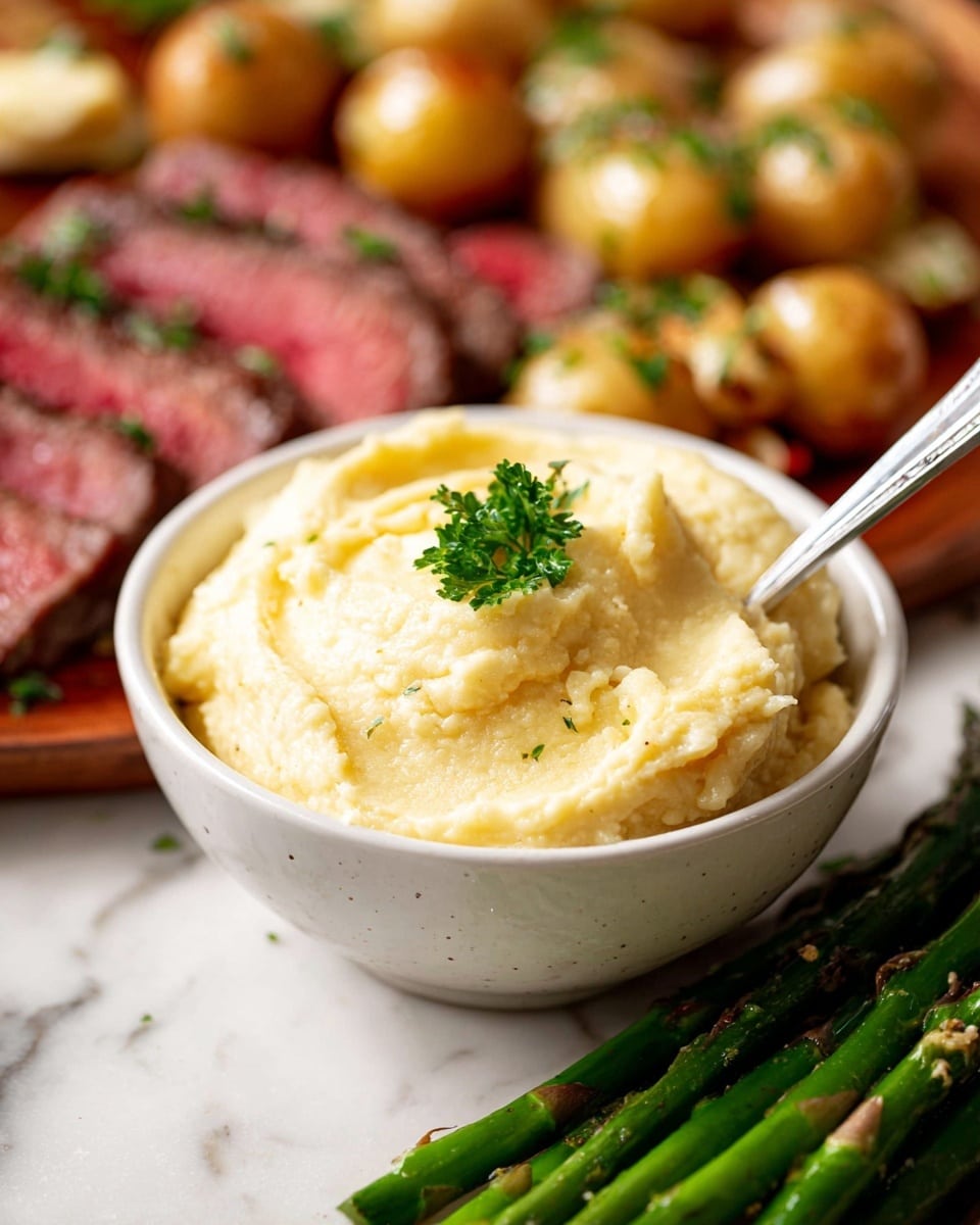 A white bowl filled with creamy pale yellow mashed potatoes sits in the center, topped with a small green parsley leaf. To the front, glossy cooked green asparagus spears with a light seasoning are arranged horizontally. In the background, small cooked golden potatoes cluster behind thin slices of medium-rare steak with visible red and brown coloring, sprinkled with green herbs and coarse salt. A silver knife with a wooden handle rests on the mashed potatoes inside the bowl. The whole scene is set against a white marbled surface. photo taken with an iphone --ar 4:5 --v 7