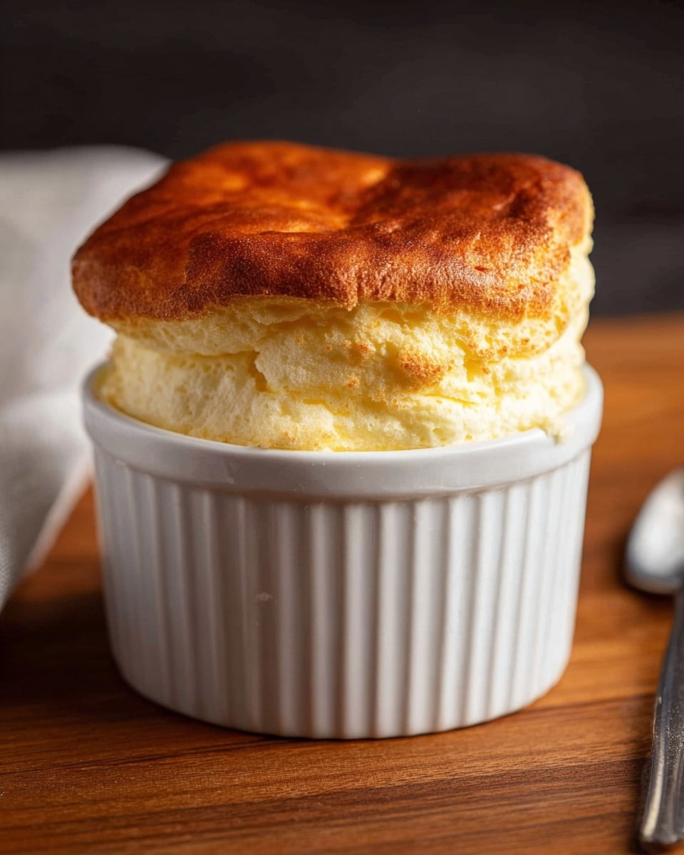 A golden brown soufflé with a fluffy texture rises well above the rim of a white ribbed ceramic ramekin, showing an airy and slightly cracked top layer of warm baked egg. The light yellow inside layer is soft and smooth, sitting just above the edge of the ramekin, which rests on a wooden surface against a dark blurred background. Photo taken with an iphone --ar 4:5 --v 7