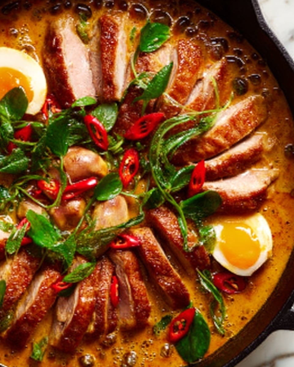 The image shows a pan filled with a creamy orange sauce as the base layer. On top of this sauce, there are several slices of cooked meat, arranged in a fanned-out pattern in the center. The meat has a browned, slightly crispy outer texture and a juicy interior. Scattered around the meat are small red chili slices, adding bright spots of color. There are also whole peeled onions, pale yellow in color, placed near the meat. Fresh green herbs and leafy greens are spread across the dish, with some pieces touching the edges of the pan. The pan sits on a white marbled surface, and a woman's hand is holding it on one side. Photo taken with an iphone --ar 4:5 --v 7