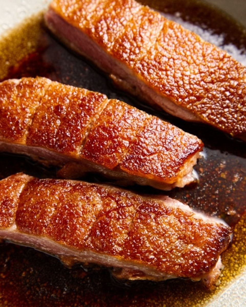 Three pieces of cooked duck breast with a crispy, golden-brown skin resting in a small amount of shiny oil in a white pan. The duck breast shows a textured surface with charred lines and a rich reddish-brown color on the meat side underneath the skin. The oil around the duck has small bubbles and glistens, indicating hot cooking. The background is a white marbled texture. photo taken with an iphone --ar 4:5 --v 7