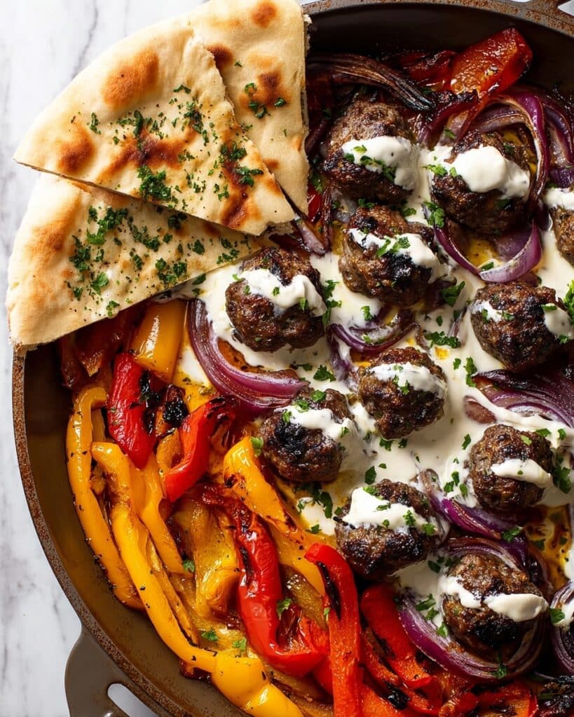 Tray Bake Lamb Kofta Meatballs with Roasted Vegetables and Sauces Recipe