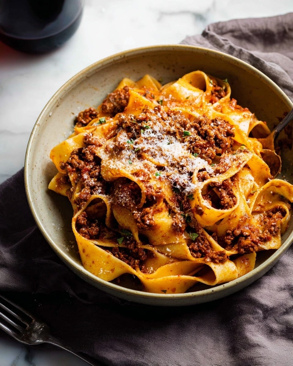 A round bowl filled with wide, flat pasta noodles covered in a thick reddish-brown meat sauce with visible ground meat pieces throughout. The pasta is twisted and layered in the bowl, topped with finely grated white cheese and small green herb bits scattered on top. A silver fork is placed inside the bowl on the right side, slightly mixing into the pasta. The bowl sits on a dark cloth against a white marbled surface with a black grater partially visible in the top left corner. photo taken with an iphone --ar 4:5 --v 7