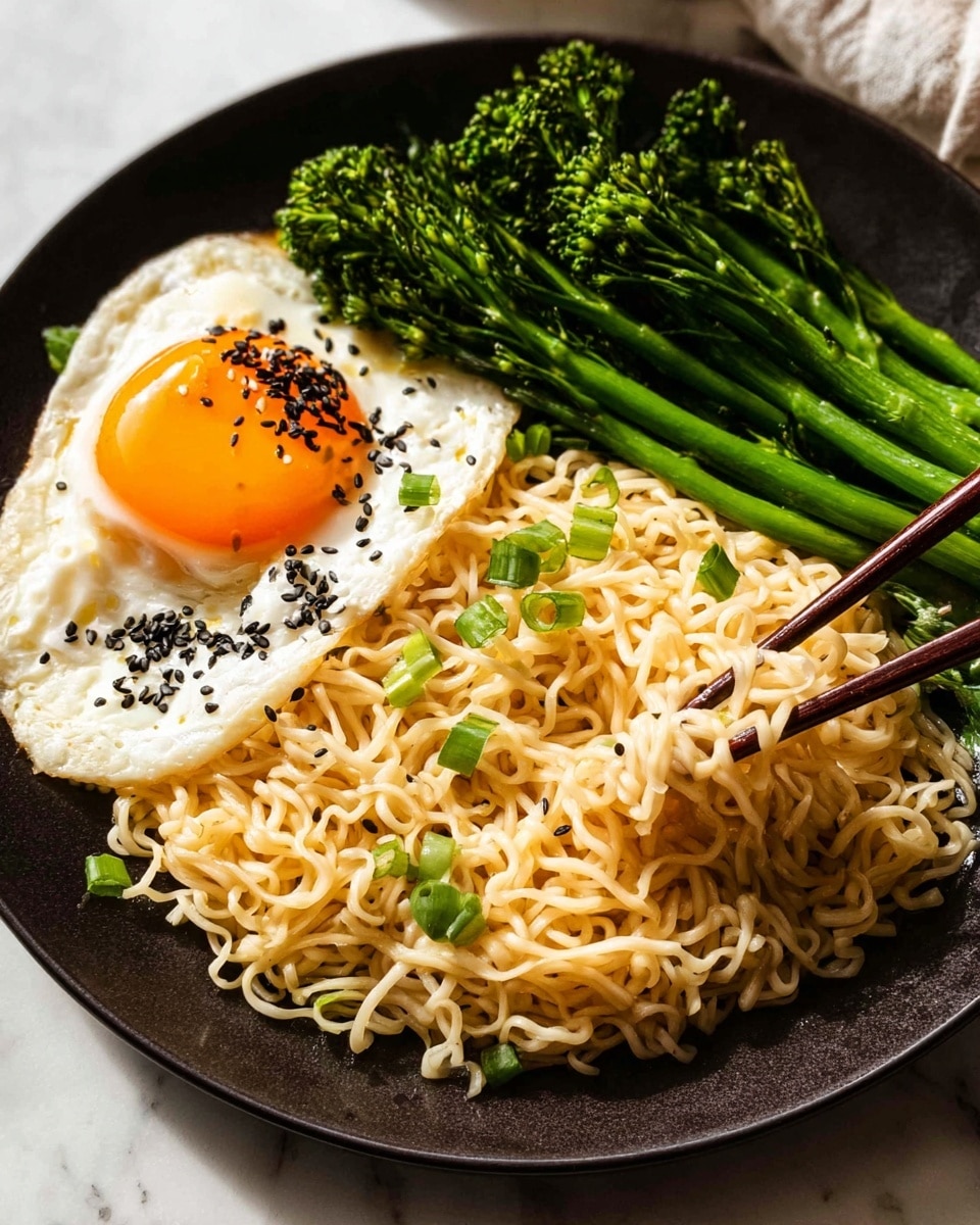 A black bowl holds three main layers: the bottom layer is light beige cooked ramen noodles mixed with green scallion pieces, giving a slightly shiny texture; on one side lies a bright green bunch of tender broccolini topped with black sesame seeds; the top layer is a sunny-side-up fried egg with a vibrant orange runny yolk spilling slightly onto the noodles and sprinkled with black sesame seeds; a pair of wooden chopsticks lift some noodles from the right side. The bowl sits on a white marbled surface. photo taken with an iphone --ar 4:5 --v 7