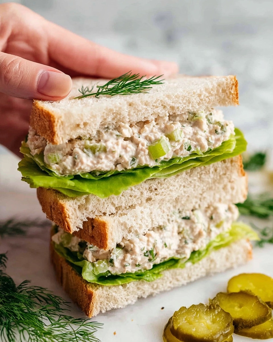 A close-up of a sandwich being held by a woman's hand, showing two thick slices of soft white bread with a middle layer of creamy tuna salad mixed with herbs, sitting on bright green lettuce leaves which add a fresh texture. The sandwich is cut in half and stacked, with a small sprig of dill on top for garnish. In the foreground, on a white surface with a white marbled texture, there are sliced pickles and small dill sprigs scattered around. The lighting is natural and bright, highlighting the soft texture of the bread and the creamy filling. Photo taken with an iphone --ar 4:5 --v 7