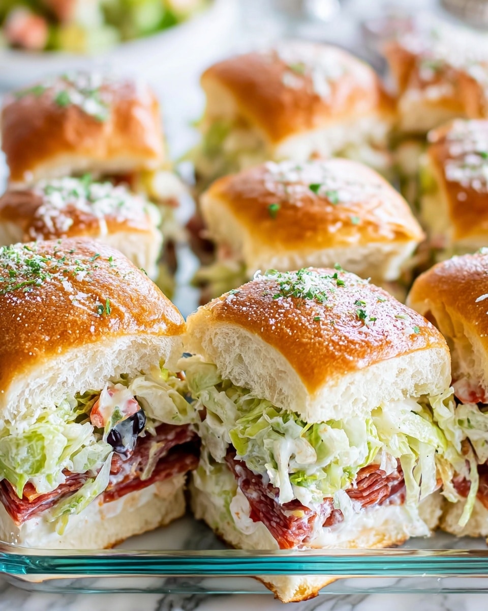A close-up view of nine square sandwich sliders arranged in a 3x3 pattern inside a clear glass baking dish. Each slider has three visible layers: the top layer is a golden brown, soft bun sprinkled with small bits of parsley; the middle layer consists of shredded light green lettuce mixed with a creamy white sauce and slices of reddish-brown deli meat alongside thin tomato slices; the bottom layer is a thick, fluffy white bun. The sliders have a fresh, slightly moist texture and are tightly packed together. The whole dish is placed on a white marbled texture surface. Photo taken with an iphone --ar 4:5 --v 7
