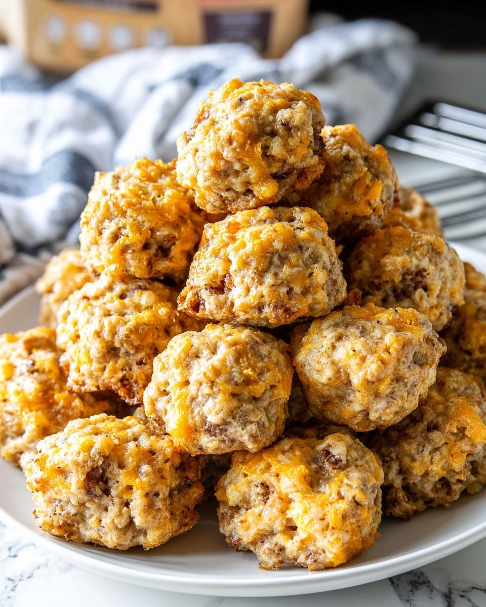 A pile of small, rough-textured, golden-brown sausage balls is stacked in a white round plate. The sausage balls have a crumbly exterior with darker browned spots, showing a mix of ground sausage and melted cheese inside. They are arranged closely together, creating a dome shape with uneven surfaces and some visible cheesy bits melting out. The plate sits on a white marbled textured surface with blurred kitchen items in the background. photo taken with an iphone --ar 4:5 --v 7