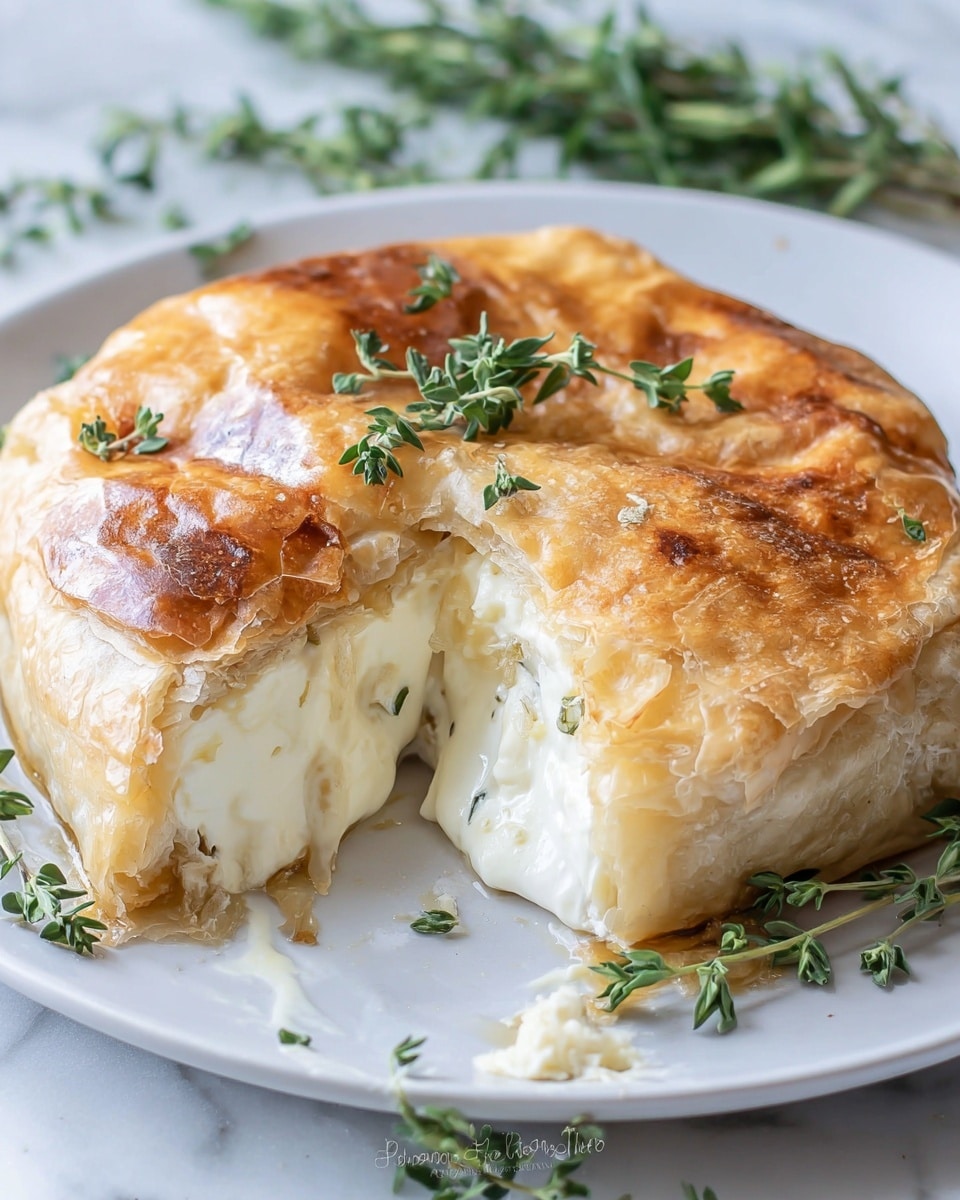 A golden brown round pastry sits on a white plate with a white marbled texture surface beneath. The flaky crust is thick and crumbled on one side where a piece is broken off, revealing a creamy white melted cheese filling inside that oozes slightly out of the pastry. Fresh green herbs, including rosemary and oregano, are placed both on top and around the pastry for decoration. The pastry's top crust has a slightly shiny, crisp look with some light brown spots. photo taken with an iphone --ar 4:5 --v 7