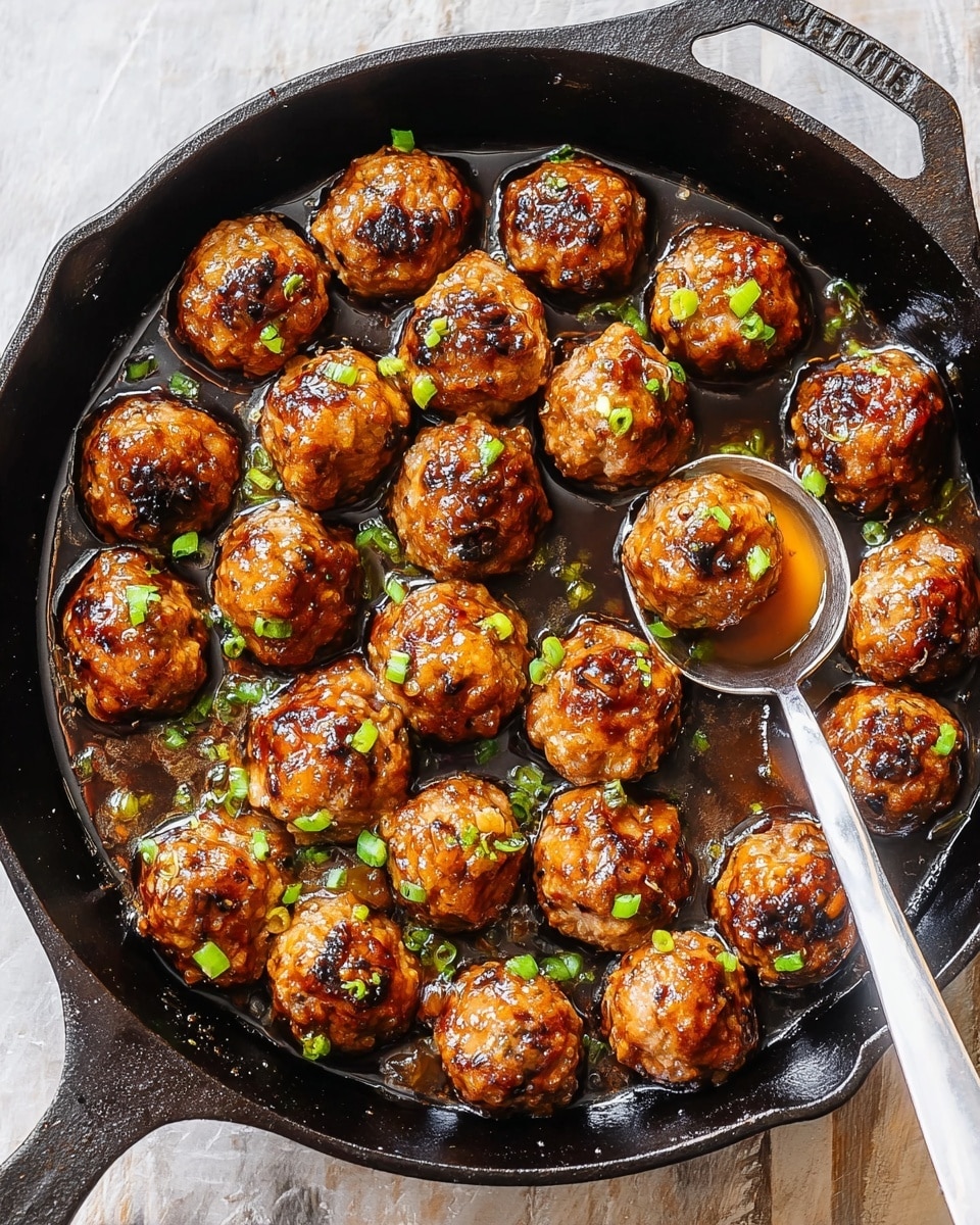 The image shows a black cast iron pan filled with about 25 golden-brown meatballs, arranged closely together in a single layer. Each meatball has a shiny, glazed texture with small green chopped scallions sprinkled evenly on top for color contrast. Some meatballs show grill marks indicating a crisp, cooked surface. A silver spoon rests inside the pan on the right side, partially scooping one meatball. The pan sits on a white marbled surface with a subtle pattern. The overall look is warm and inviting, highlighting the juicy and well-cooked meatballs. photo taken with an iphone --ar 4:5 --v 7