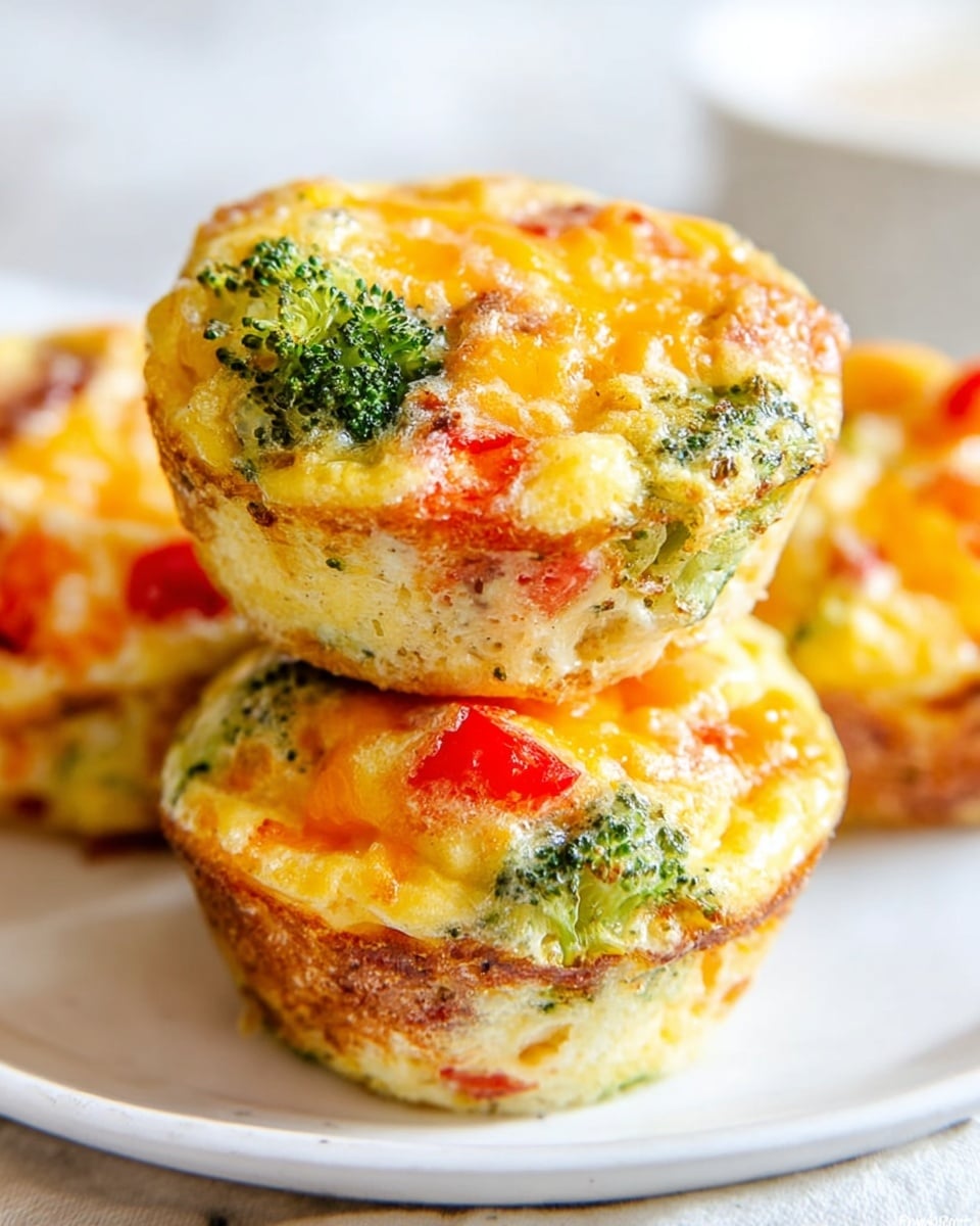 Three egg muffins are stacked on a round white plate with a white marbled surface. Each muffin has a base layer of light yellow cooked egg, slightly spongy and firm. Mixed throughout and on top, there are bright green broccoli pieces and small, vibrant red bell pepper chunks. The top layer is melted golden-yellow cheese, bubbling and soft, with some darker golden spots from baking. The muffins show a moist texture with visible herbs scattered across the top. The plate is clean, and the close-up photo highlights the details and colors of the muffins. photo taken with an iphone --ar 4:5 --v 7