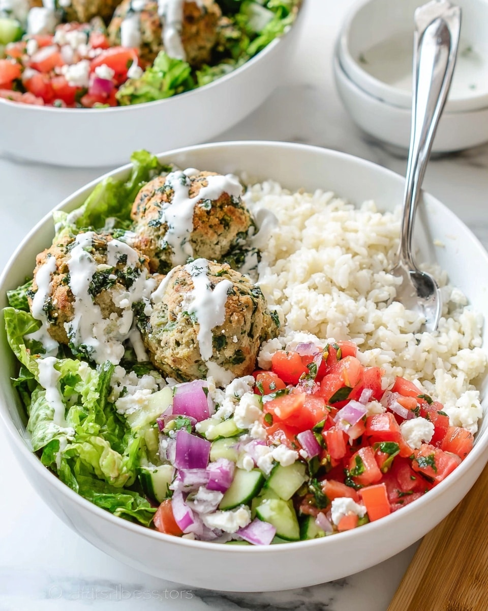 A white bowl filled with four distinct layers: at the bottom right layer, white fluffy rice; next to it on bottom left, a mix of chopped red tomatoes, green cucumbers, and purple onions; to the top left, bright green leafy lettuce scattered with white crumbled cheese; and at the top center, five round, light brown falafel balls with green herbs mixed in, drizzled with white creamy sauce. A fork rests inside the bowl on the rice side, and a similar bowl blurred is in the background, all placed on a white marbled surface. photo taken with an iphone --ar 4:5 --v 7