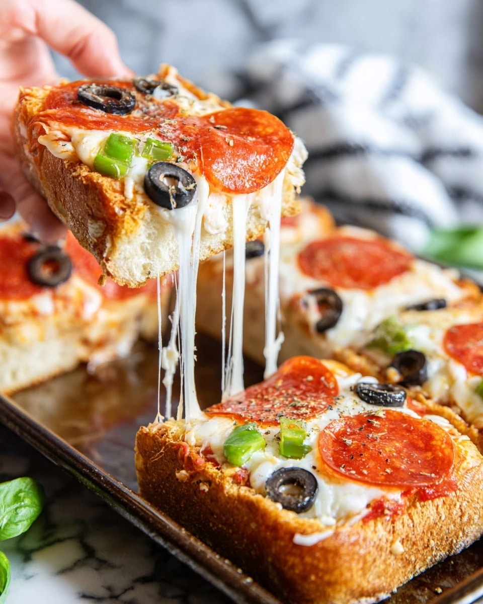 A slice of pizza on toasted bread is being lifted by a woman's hand from a dark baking tray that holds more slices. The pizza has three clear layers starting from the base: the brown toasted bread, a layer of red tomato sauce, and a thick melted cheese layer that stretches as the slice is lifted. On top of the cheese are pepperoni slices that are deep red with a shiny texture, black olive rings, and small pieces of green bell pepper. The background shows a soft focus on a white marbled surface with some green leaves and a striped cloth. Photo taken with an iphone --ar 4:5 --v 7