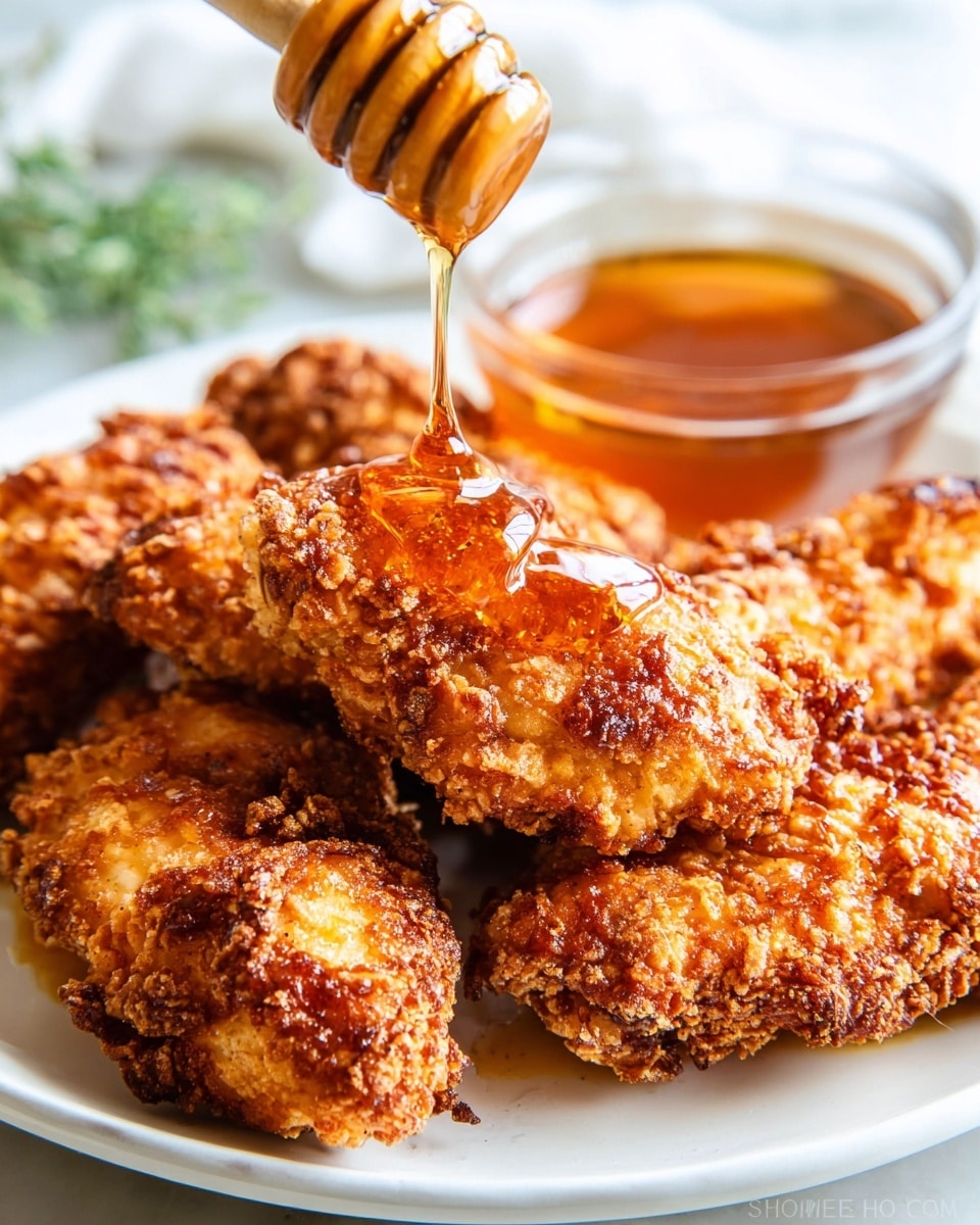 A white plate full of golden-brown crispy fried chicken pieces, some darker and crunchier, with a texture showing crunchy fried batter. On top, sticky honey is being dripped from a wooden honey dipper over the chicken, making shiny, wet spots. Behind the chicken, two small clear glass bowls hold amber-colored honey for dipping. The plate sits on a white marbled surface, with a soft focus of green blurred leaves in the background. photo taken with an iphone --ar 4:5 --v 7