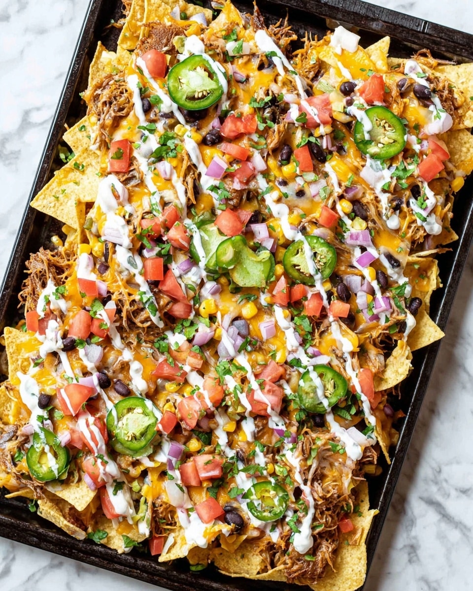 A large white tray holds a colorful, layered dish of nachos starting with a base of yellow tortilla chips. On top of the chips is a melted layer of orange and white cheese, scattered shredded brown meat, and black beans. Bright yellow corn kernels and small diced red tomatoes add more color, with thin slices of green jalapeño peppers placed sporadically. There are also small pieces of red onion and chopped green cilantro leaves sprinkled across. White sour cream is drizzled all over in a zigzag pattern. The tray sits on a woven mat over a white marbled surface. photo taken with an iphone --ar 4:5 --v 7