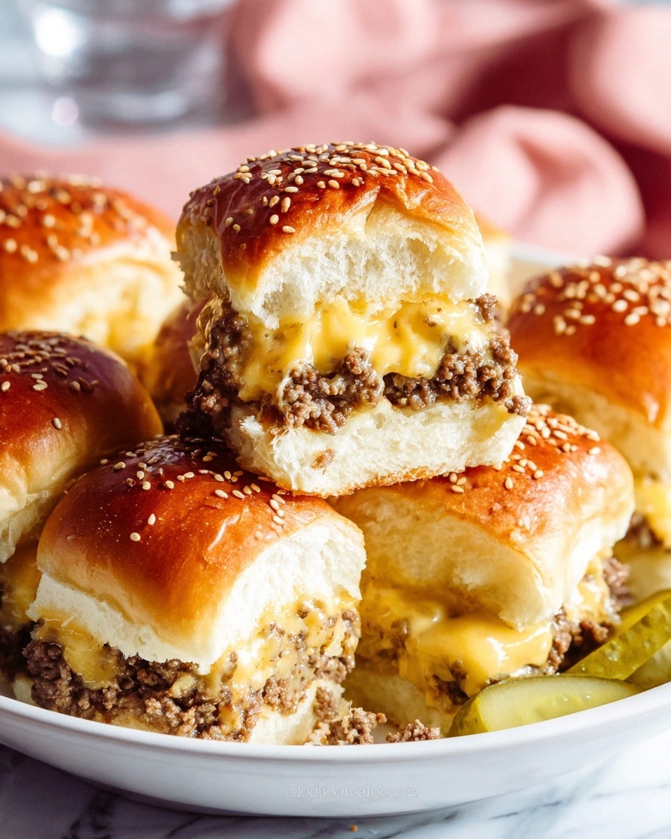 A close-up of a set of four sandwich sliders on a white plate, with one slider slightly pulled up to reveal its inside layers: the top layer is a golden brown soft bun sprinkled with sesame seeds, followed by a layer of green pickle slices, melted yellow cheese thickly covering a bed of crumbled cooked ground beef, all sitting on the bottom half of a light, fluffy bun. The background surface is a white marbled texture. photo taken with an iphone --ar 4:5 --v 7