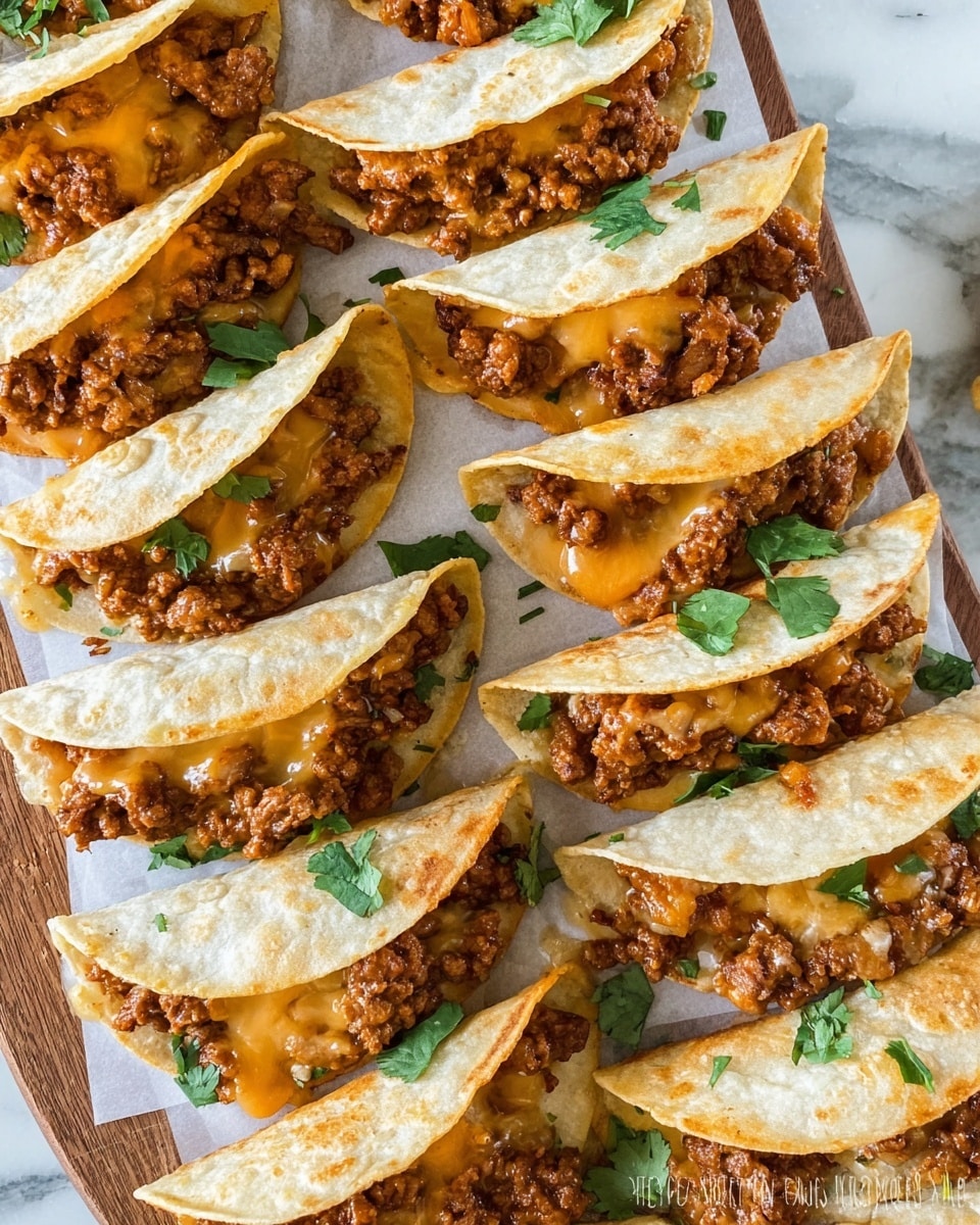 The image shows many small tacos arranged closely on white parchment paper over a wooden board, with some chopped green herbs sprinkled around. Each taco has two visible layers: a folded crispy beige taco shell on the outside with a textured surface, and inside, a warm, slightly melted layer of golden-orange cheese topped with browned seasoned ground meat that looks juicy and crumbly. The tacos are small, bite-sized, and filled generously, giving a cozy and appetizing look. The whole scene sits on a white marbled surface. photo taken with an iphone --ar 4:5 --v 7