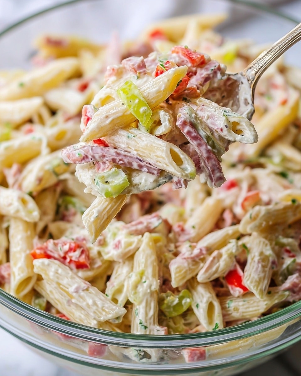 A clear glass bowl filled with a creamy pasta salad showing several layers: the base layer is pale yellow penne pasta with smooth texture, mixed with small pieces of light green sliced peppers and bright red diced tomatoes; the middle layer contains bits of sliced deli meat in light pink with white creamy dressing coating everything, scattered with thin slices of purple onion; the top layer visible on the spoon held above the bowl includes all these ingredients combined, with the dressing giving it a slightly glossy look. The bowl is placed on a white marbled surface. Photo taken with an iphone --ar 4:5 --v 7