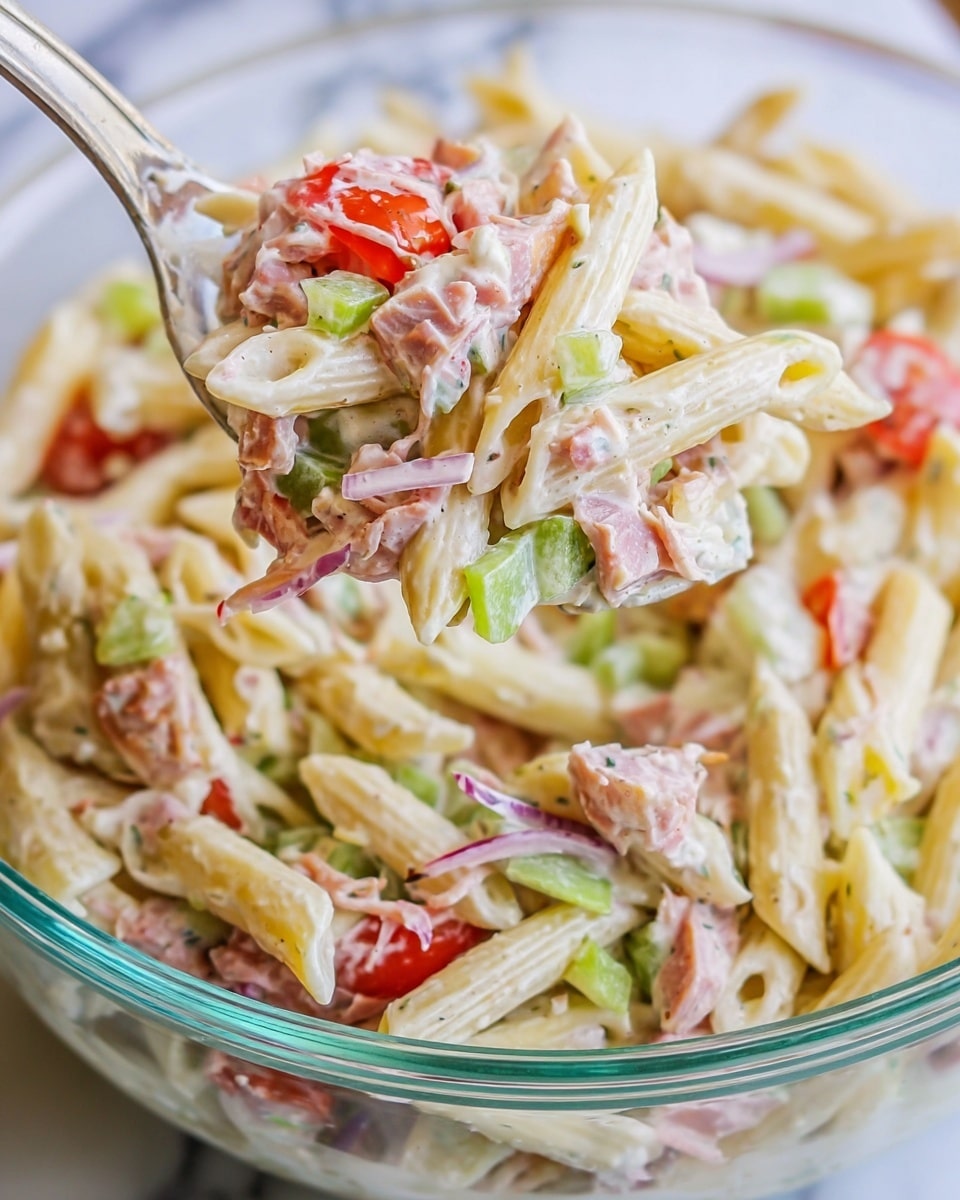 A clear glass bowl holds a creamy pasta salad made of penne pasta mixed with small pieces of red bell pepper, light green pepper slices, and bits of pink ham. The layers are well combined with a white creamy dressing that coats all ingredients evenly. The pasta is pale yellow, and the vegetables add bright red and green colors, creating a fresh look. A spoonful of the salad is lifted up from the bowl, showing a close view of the mixed layers with the creamy texture visible on every piece. The bowl is set on a white marbled surface. Photo taken with an iphone --ar 4:5 --v 7