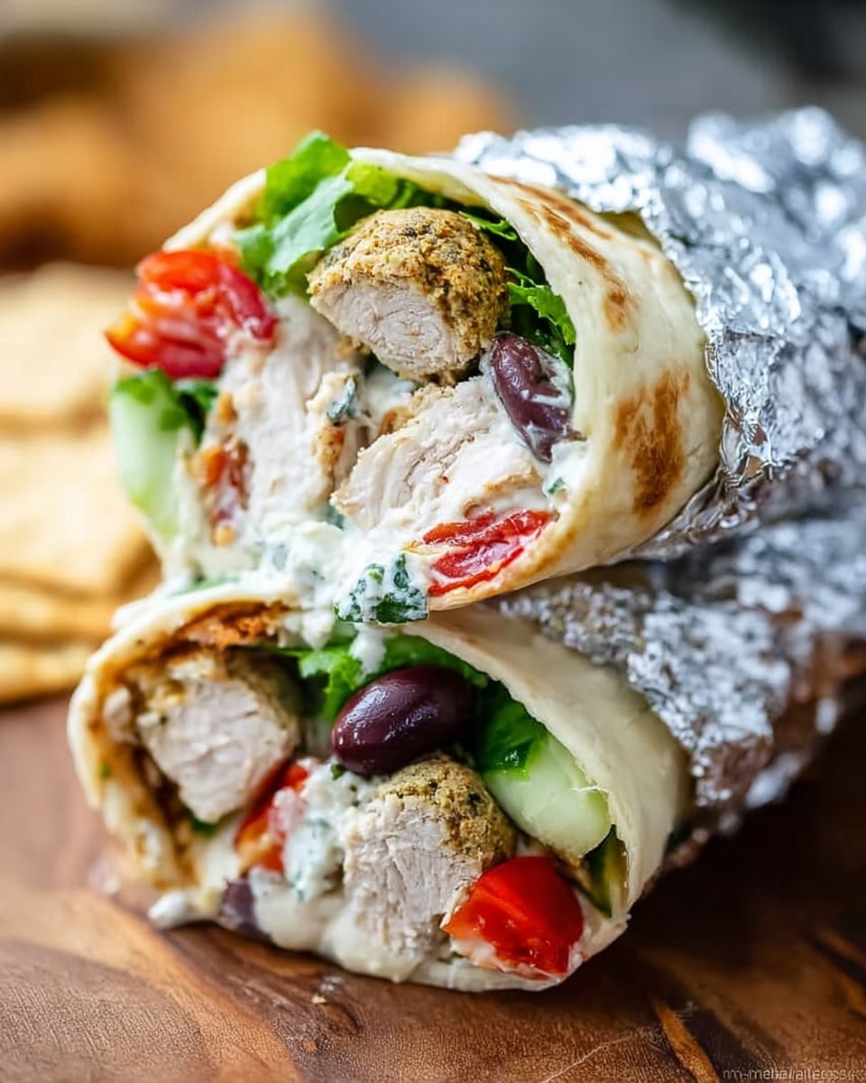 A close-up of a wrapped sandwich partially covered in shiny silver foil with a soft beige tortilla. Inside, there are multiple layers visible from the open end: green leafy lettuce at the bottom, followed by large pieces of white grilled chicken. Above the chicken, there are red tomato slices, small brownish meatballs, black olive pieces, and creamy white sauce mixed with bits of green cucumber, all layered together tightly. The wrap is placed on a wooden surface with a few blurry beige crackers nearby. Photo taken with an iphone --ar 4:5 --v 7