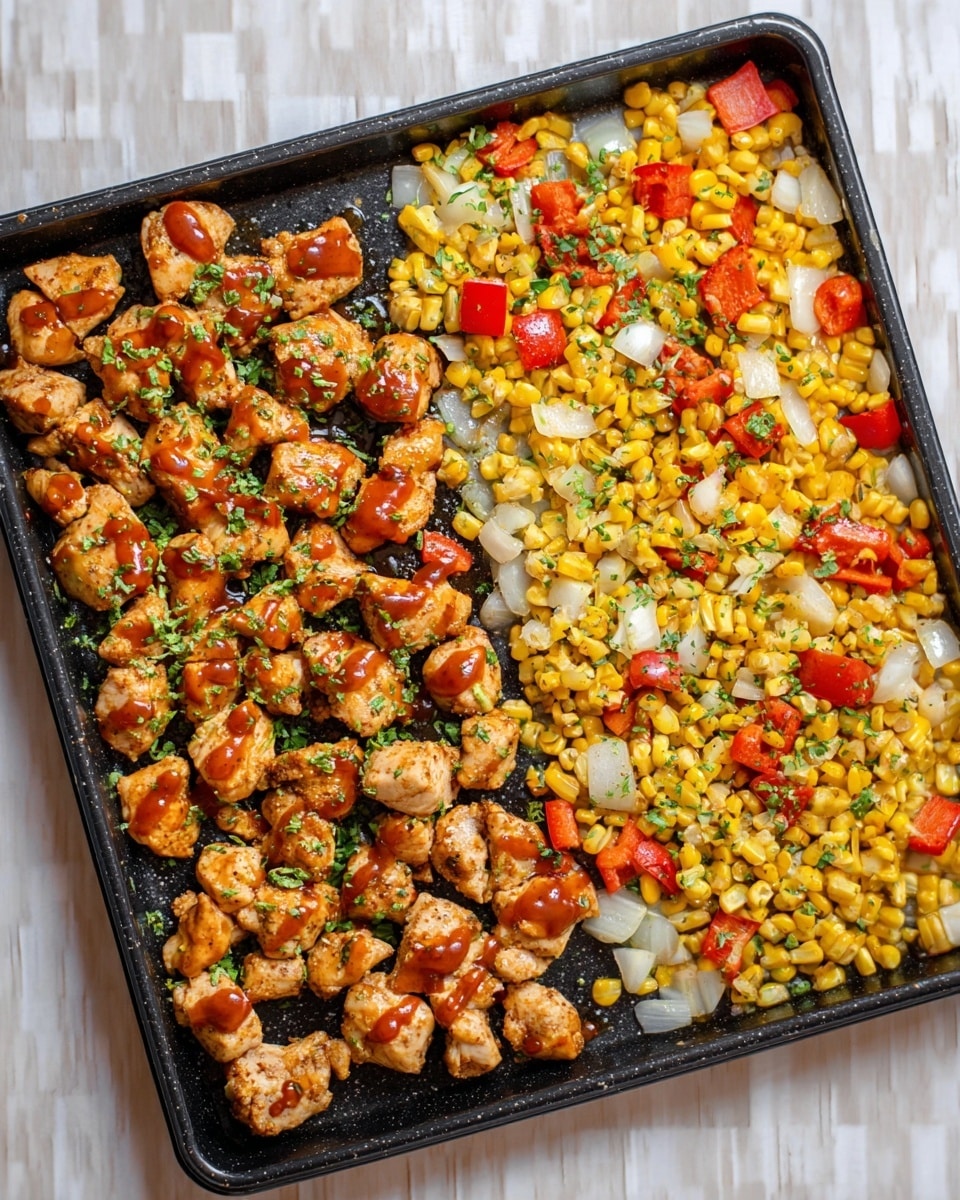 A black baking tray is filled with two main sections: on the left side, small pieces of cooked chicken are glazed with a shiny brown sauce and sprinkled with fresh green herbs, while the right side holds a colorful mix of yellow corn kernels, red diced bell peppers, and white chopped onions, all lightly cooked and scattered evenly. The surface under the tray is a white marbled texture. Photo taken with an iphone --ar 4:5 --v 7