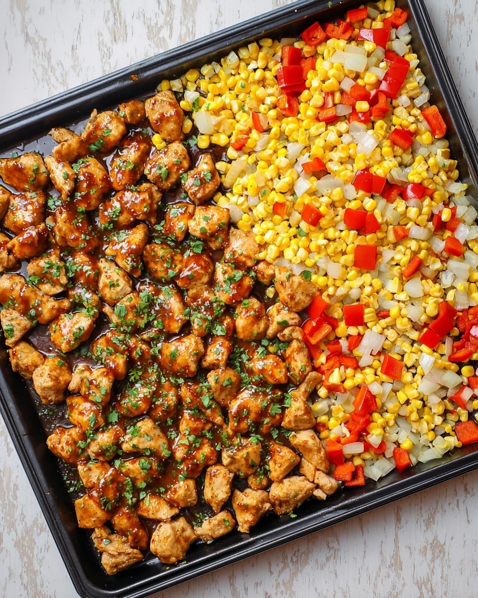 The image shows a black baking tray filled with two main sections: on the left side, small pieces of cooked chicken with a light brown color, topped with a shiny reddish-brown sauce and sprinkled with green herbs; on the right side, a mix of yellow corn kernels, red bell pepper pieces, and white onion chunks, all cooked but retaining their bright colors, and also lightly sprinkled with herbs. The tray lies on a white marbled surface. Photo taken with an iphone --ar 4:5 --v 7