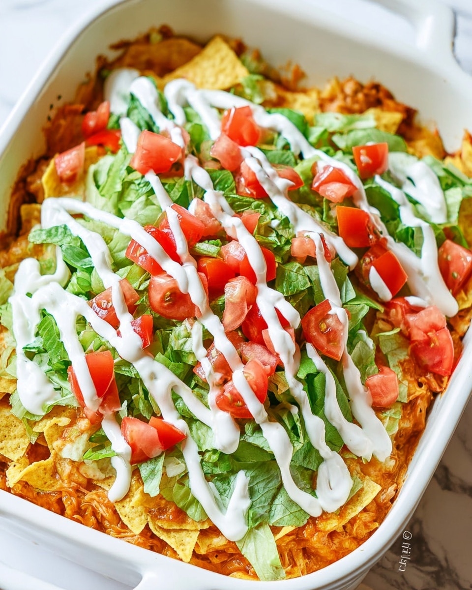 A close-up view of a baked casserole shown in a white rectangular dish, featuring about four layers. The bottom layer has a warm orange color with a thick texture, likely melted cheese and cooked chicken. Above that is a layer of broken yellow tortilla chips, creating a crunchy texture. The next layer is fresh green lettuce leaves, roughly torn, scattered across the top. Small, bright red diced tomatoes are spread unevenly on top of the lettuce. The dish is finished with three thick diagonal lines of white creamy sauce running from the top left to the bottom right, adding contrast and a smooth texture. The dish is set on a surface with a white marbled texture photo taken with an iphone --ar 4:5 --v 7