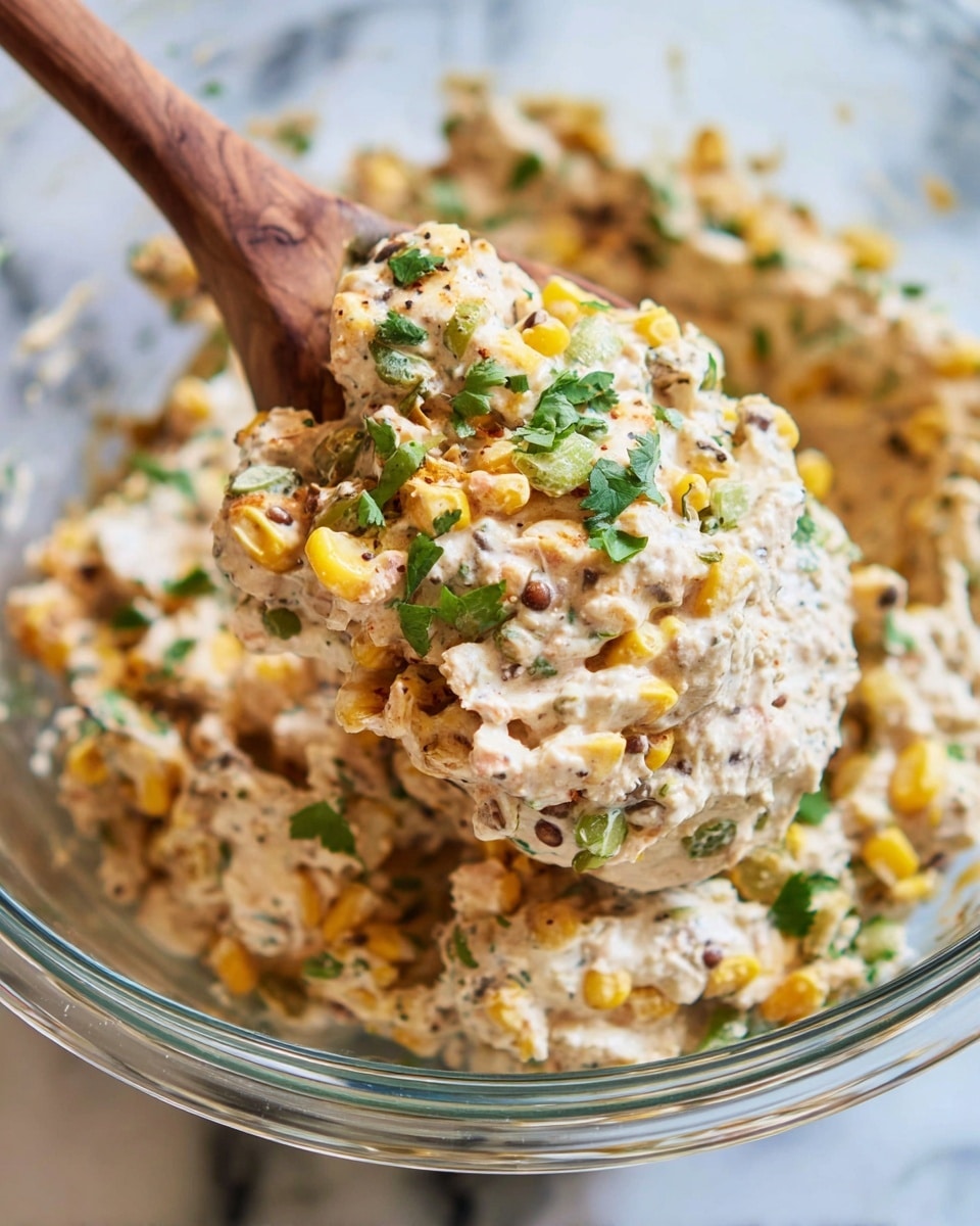 The image shows a close-up of a creamy mixture being lifted with a wooden spoon from a white bowl. The mixture has three main layers: a thick, creamy white base with a slightly speckled texture, mixed with yellow corn kernels and small green vegetables, all covered with fresh green herb pieces on top. The cream layer looks soft and smooth, while the corn adds pops of bright yellow, and the greens give fresh color contrasts. The bowl sits on a white marbled surface. Photo taken with an iphone --ar 4:5 --v 7