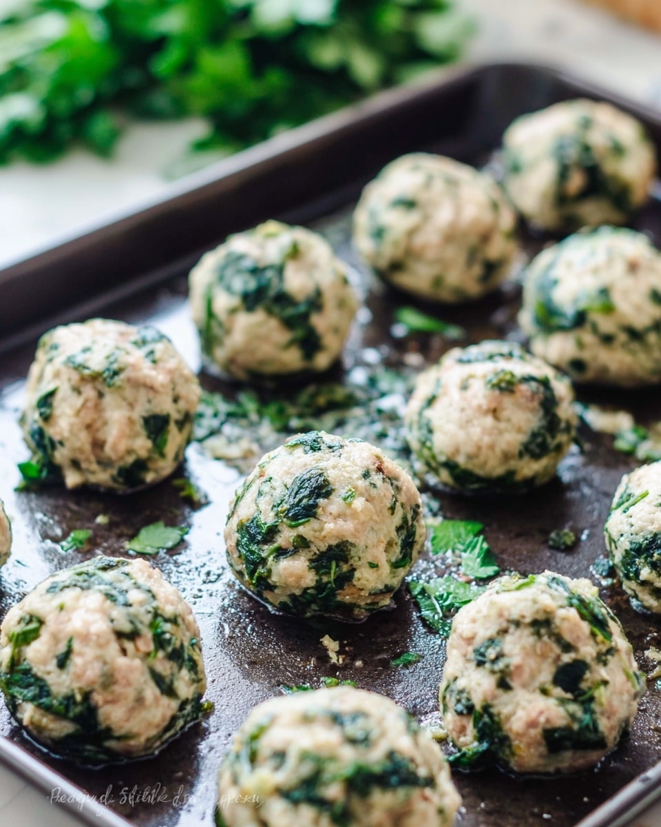 The image shows a close-up view of a dark baking tray filled with several round, uncooked meatballs. Each meatball has a light beige color mixed with visible green bits of chopped spinach or herbs throughout, giving them a speckled texture. The meatballs are evenly spaced on the tray, which sits on a white marbled surface blurred in the background. Some small pieces of green herbs are scattered on the tray around the meatballs. Photo taken with an iphone --ar 4:5 --v 7