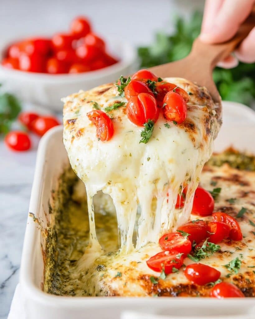 Baked Pesto Chicken with Cherry Tomatoes and Mozzarella Recipe