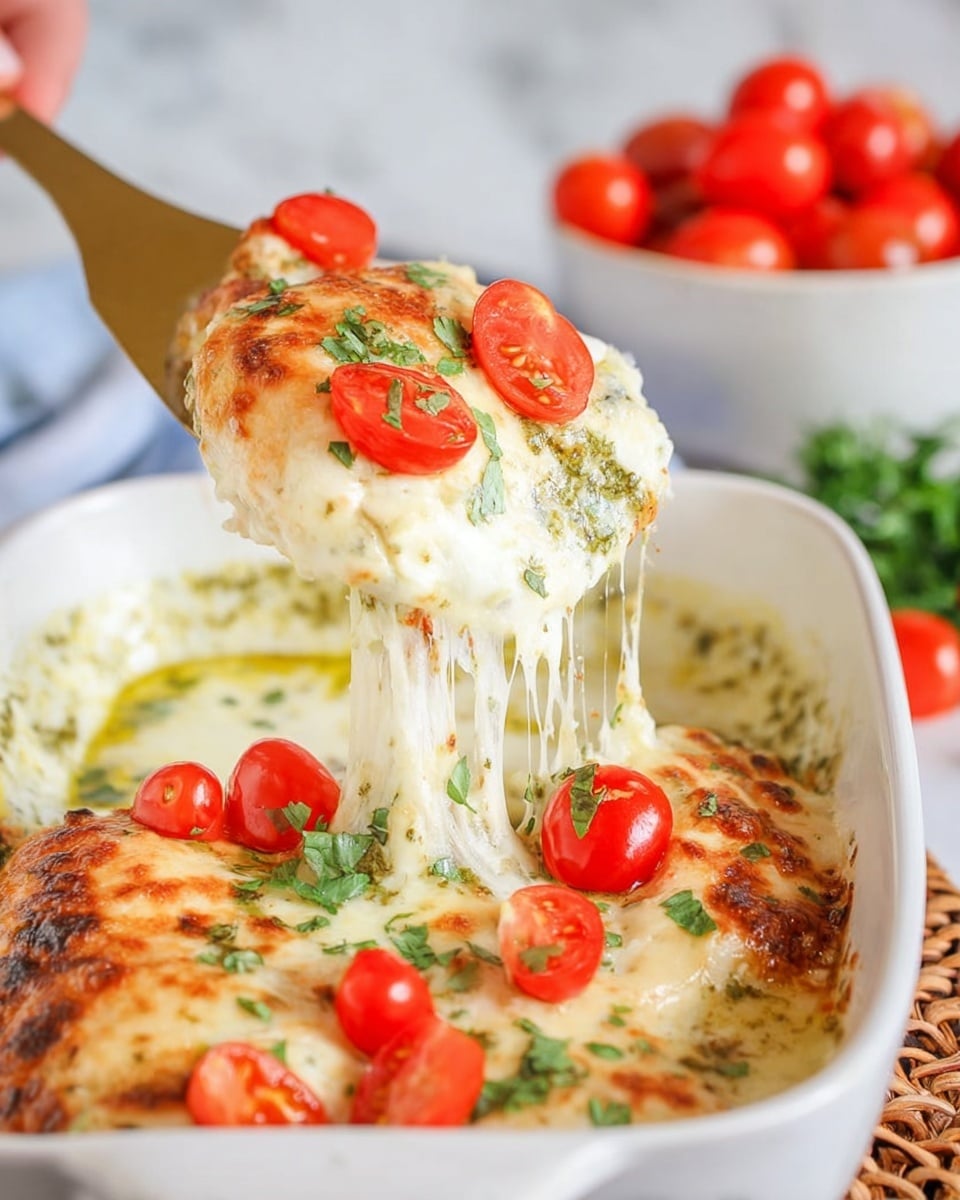 A close-up image showing a white casserole dish filled with a layered baked dish. The bottom layer is a green, herb-filled sauce, smooth in texture. Above it sits a thick, gooey layer of melted white cheese with a golden-brown baked top. Scattered on top are chopped bright red cherry tomatoes and small green parsley leaves. A woman’s hand holding a wooden spatula lifts a cheese-covered slice, stretching gooey cheese strands from the dish. In the background, out of focus, are a bowl of cherry tomatoes and some green herbs, all placed on a white marbled surface. photo taken with an iphone --ar 4:5 --v 7