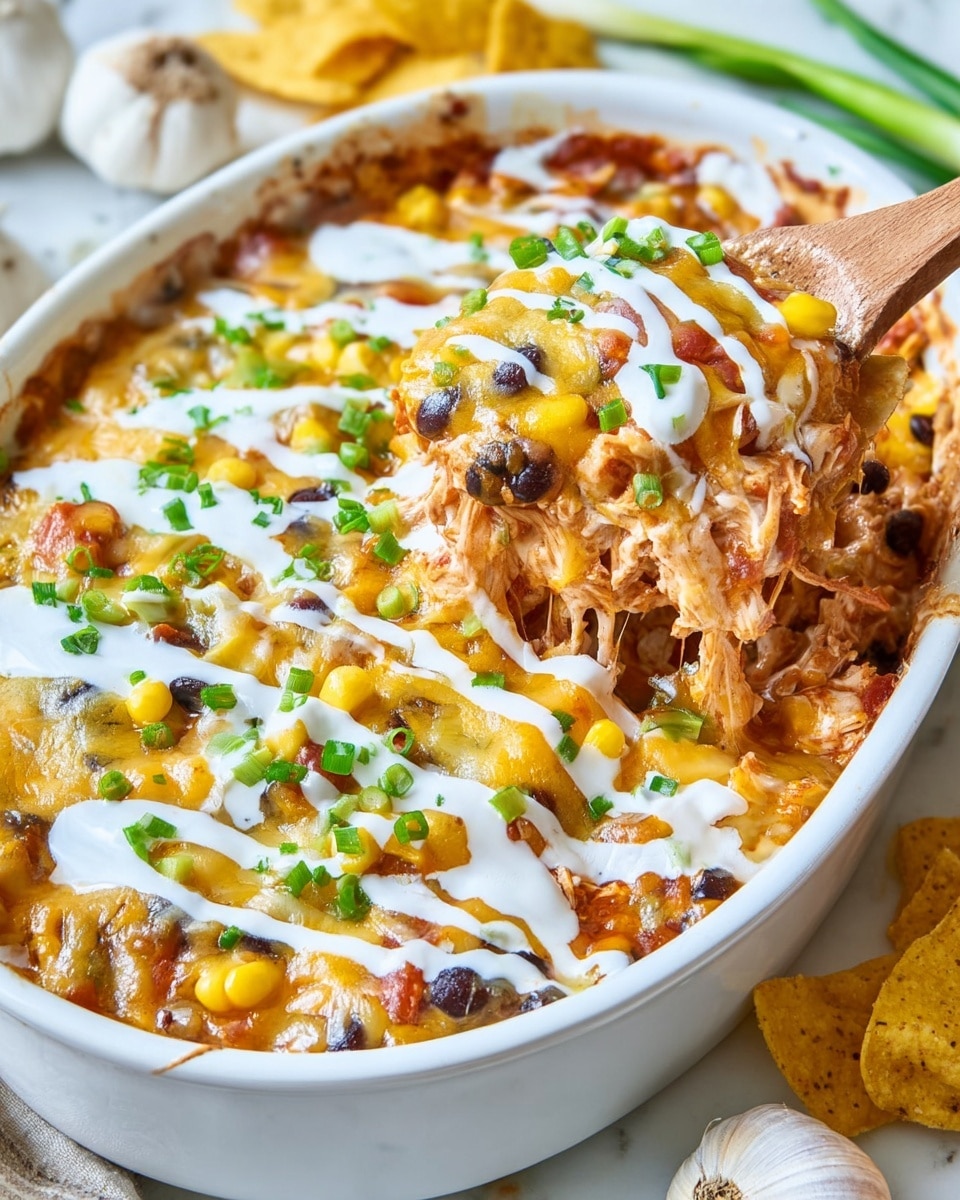 The dish is a layered casserole in a white oval baking dish, showing several layers of melted yellow and white cheese on top with a creamy texture, dotted with small black beans and yellow corn kernels mixed throughout. The melted cheese covers shredded light brown chicken mixed with pieces of red tomato and black beans, forming the middle layers. Bright green chopped scallions are sprinkled over the top along with white sour cream drizzled in thin lines. A wooden spoon is scooping a portion from the dish, revealing stringy cheese and a mix of the chicken, beans, and corn underneath. The dish sits on a white marbled surface with some yellow tortilla chips and a bowl partially visible in the background. photo taken with an iphone --ar 4:5 --v 7