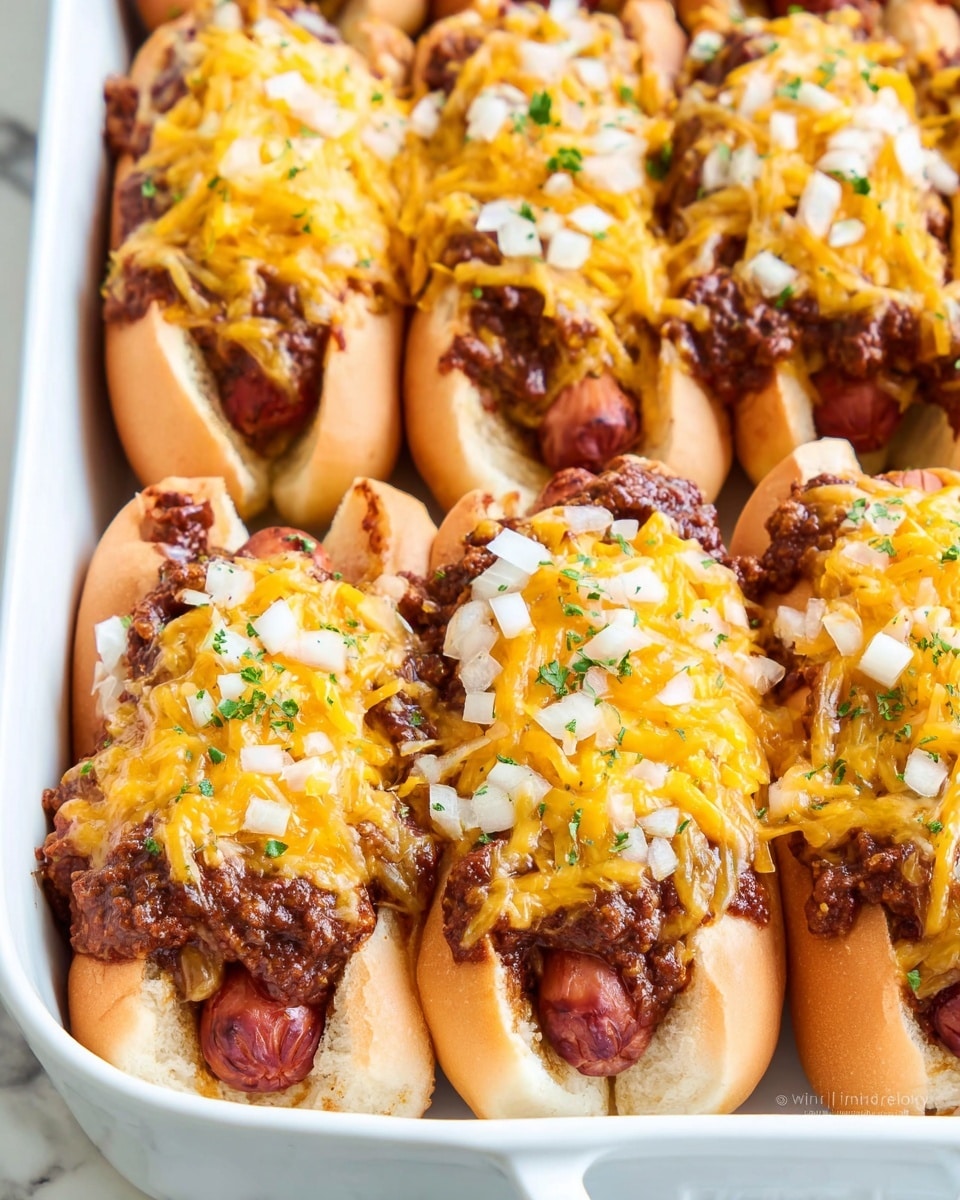 A white dish filled with ten hot dogs lined up in two rows. Each hot dog has three layers: the soft light brown bun holding a pinkish-brown sausage at the bottom, a generous layer of dark brown chili covering the sausage, and a melted layer of bright orange shredded cheese on top. Small white bits of chopped onions and a few green parsley pieces are sprinkled over the chili and cheese layers. The dish rests on a white marbled surface. Photo taken with an iphone --ar 4:5 --v 7