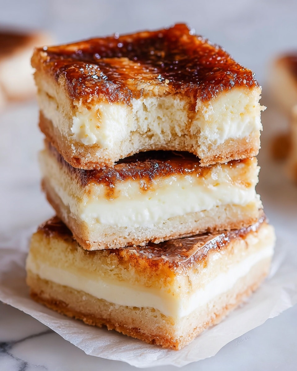 Three square pieces of dessert are stacked on top of each other on a crumpled white paper with a white marbled texture beneath. Each piece has three layers: a light golden brown bottom crust, a thick creamy white middle layer, and a glossy dark brown caramelized top layer with a slightly burnt texture. The top square has a bite taken out, showing the soft and airy inside of the creamy middle. The focus is close up, highlighting the texture of the layers and the shine on the caramelized top. photo taken with an iphone --ar 4:5 --v 7