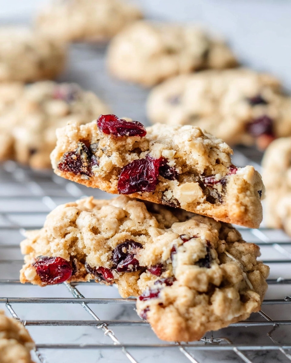 The image shows a close-up of two oatmeal cookies stacked on each other on a silver cooling rack. The cookies have a soft, crumbly texture with visible oats and several dark red dried cranberries embedded inside. The top cookie is broken in half, revealing a chewy inner layer that is slightly moist and golden brown. There are other similar cookies blurred in the white marbled textured background, and a few loose crumbs are scattered on the rack below. photo taken with an iphone --ar 4:5 --v 7
