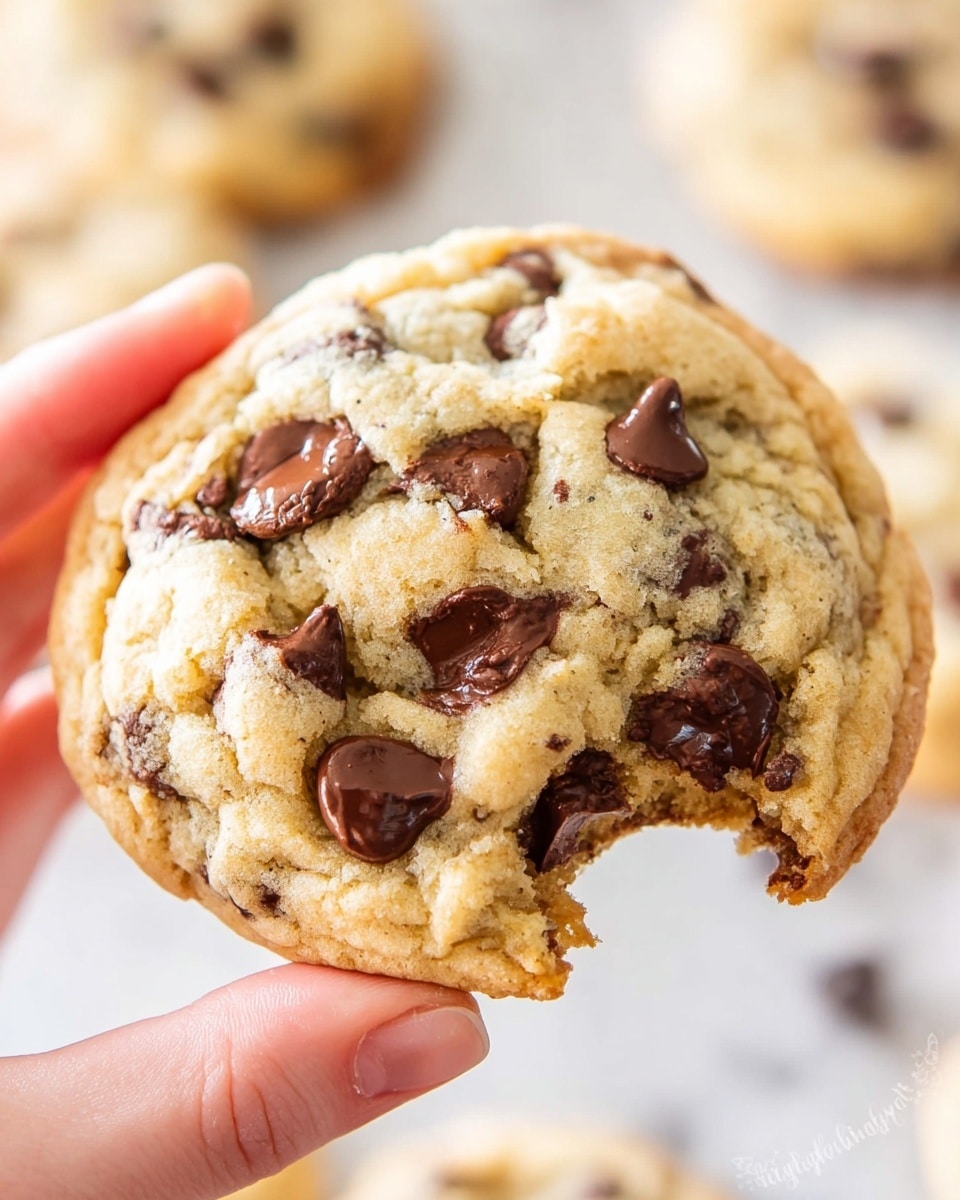 A close-up image shows a bitten chocolate chip cookie held by a woman's hand. The cookie is soft and thick with a light golden-brown color and visible cracks on the surface. It has many rich, dark brown chocolate chips embedded throughout, some slightly melted. The background is blurred with a white marbled texture. photo taken with an iphone --ar 4:5 --v 7