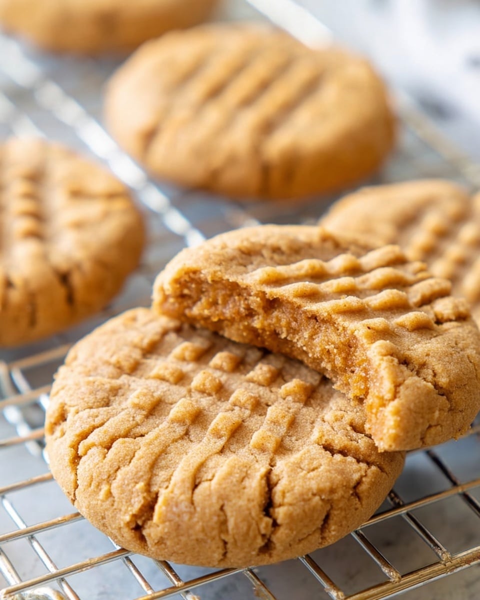 The image shows three soft peanut butter cookies on a metal cooling rack placed over a white marbled surface, with one cookie in the front having a visible bite taken out of it, revealing a dense, crumbly texture inside; each cookie is light brown and has a crisscross fork pattern pressed into the top. Photo taken with an iphone --ar 4:5 --v 7