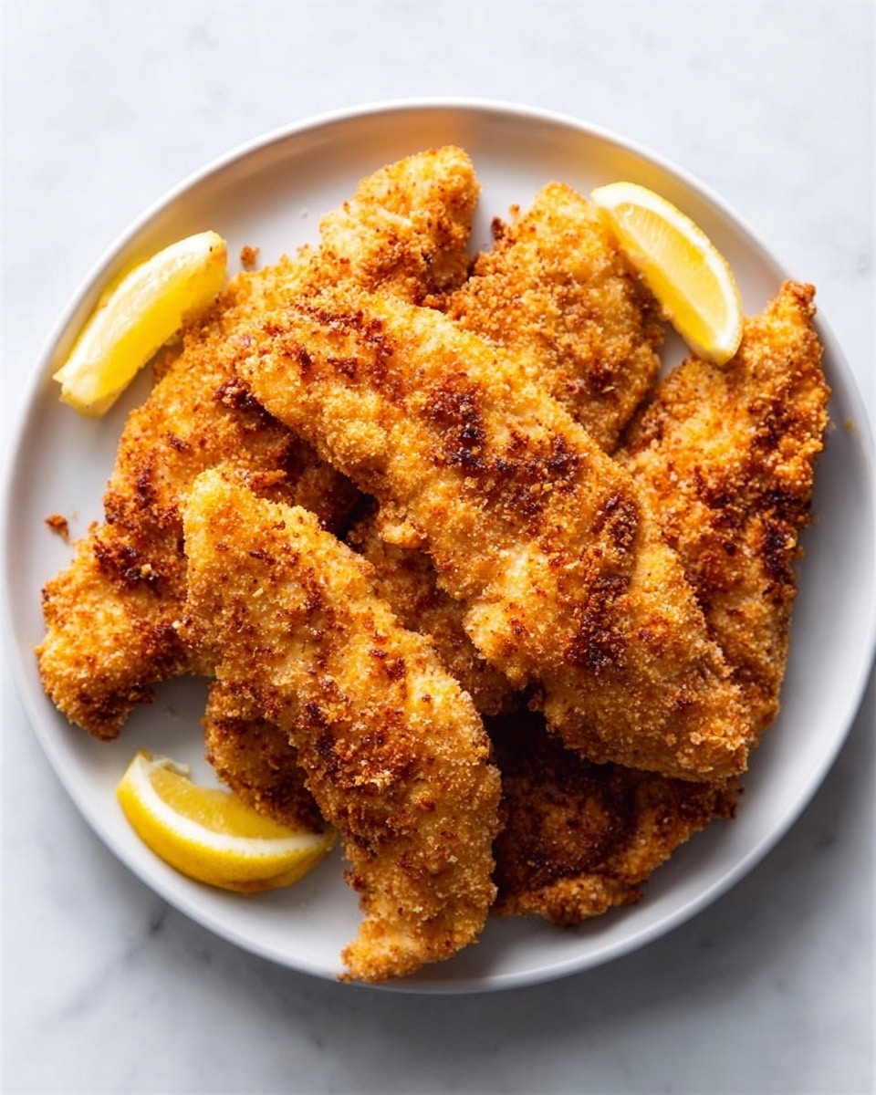 The image shows a white plate on a white marbled texture, holding five pieces of golden brown breaded chicken tenders arranged in a slightly overlapping way. The chicken tenders have a crispy texture with visible small crumbs. Two lemon wedges with a pale yellow color are placed on the plate, one on the left side and one near the top right, adding freshness to the presentation. Small black pepper flakes are scattered lightly around the plate. Photo taken with an iphone --ar 4:5 --v 7