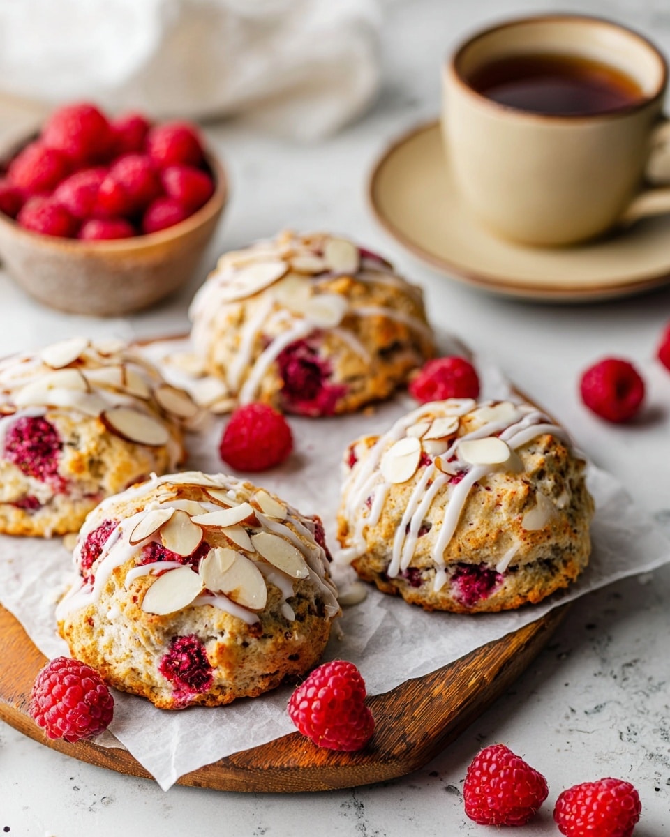 The image shows several raspberry scones placed on white parchment paper over a wooden board. Each scone has a bumpy texture with visible red raspberries baked inside, golden-brown edges, and a drizzle of white icing on top. Thin sliced almond pieces are scattered and pressed into the icing on each scone. Around the scones, a few fresh raspberries are scattered. In the background, there is a creamy beige cup filled with tea on a matching saucer, placed on a white marbled surface. photo taken with an iphone --ar 4:5 --v 7