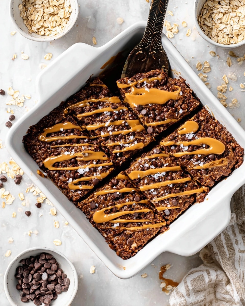 A white square baking dish holds six dark brown baked oat bars with visible chocolate chips and oats mixed throughout, each piece cut into a neat square. The bars are topped with thin, wavy lines of peanut butter sauce in a warm caramel color, drizzled evenly across them. A metal spatula with a floral cutout design rests on one side of the dish with a piece of a bar lifted slightly. Around the baking dish, there is a small white bowl with golden peanut butter, another white bowl filled with many dark chocolate chips, and a white marbled surface underneath everything. photo taken with an iphone --ar 4:5 --v 7