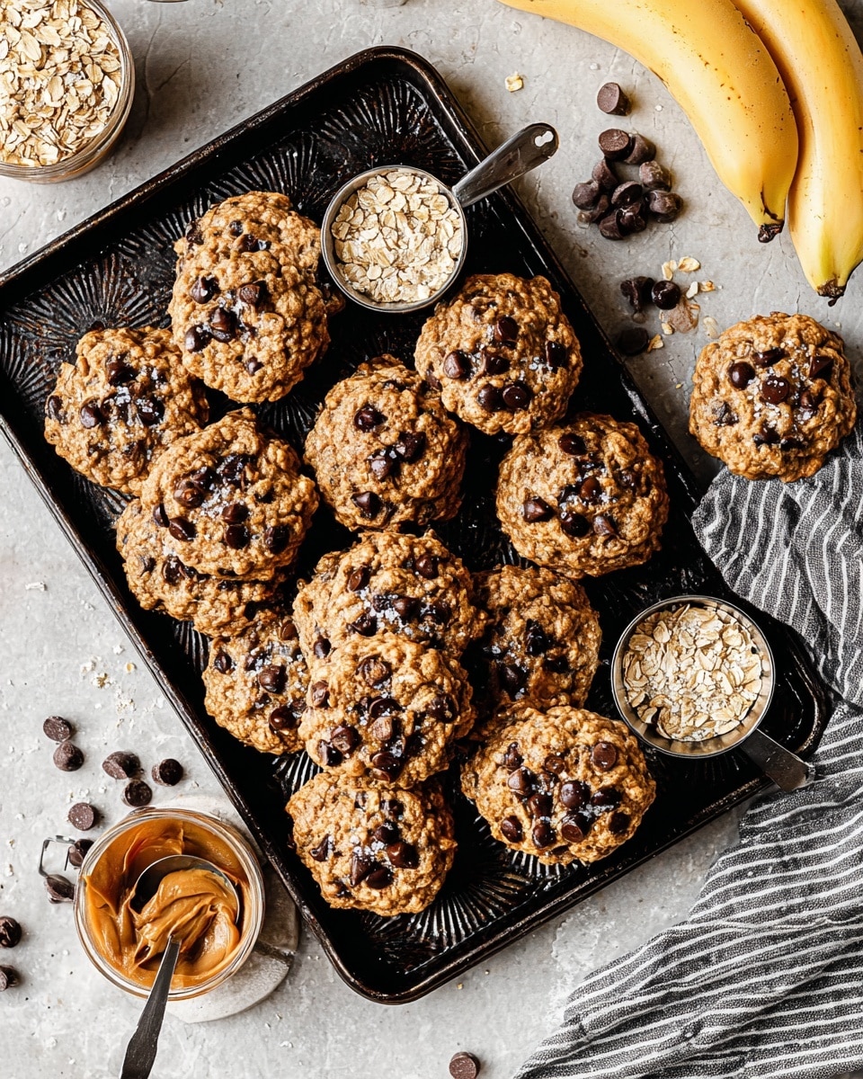 The image shows a black baking tray filled with 14 round oatmeal chocolate chip cookies. The cookies are thick with visible oats and dark chocolate chips spread evenly on top and throughout. Two small silver measuring cups sit on the tray, one filled with rolled oats and the other with dark chocolate chips. The tray is placed on a white marbled surface with a partially peeled banana and a small bowl of peanut butter nearby on a striped cloth. Two cookies sit outside the tray on the surface, showing their textured edges and oat-studded tops. Photo taken with an iphone --ar 4:5 --v 7