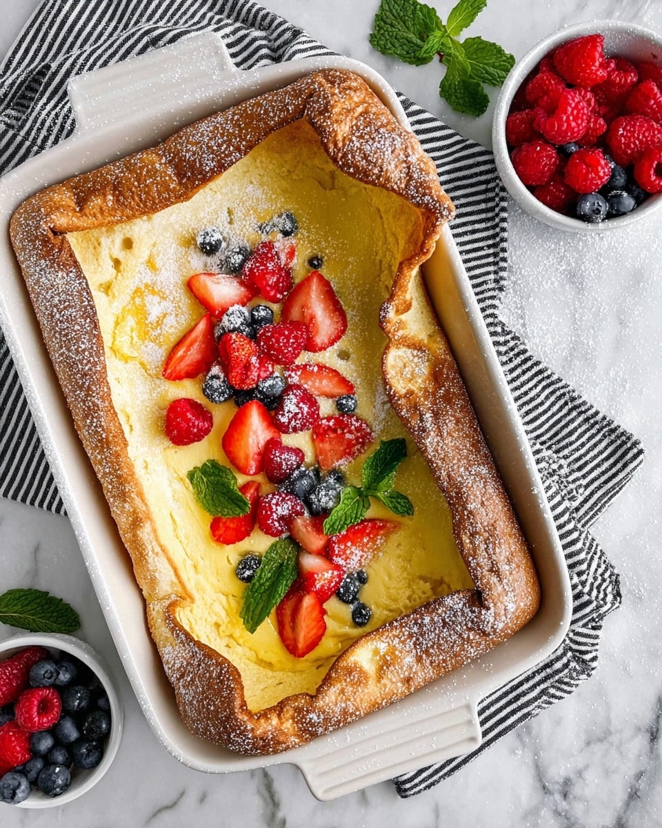A white rectangular ceramic dish holds a baked Dutch baby pancake with thick, golden-yellow custard-like center and high, fluffy brown edges dusted with powdered sugar. The custard center is topped with fresh red strawberry slices, whole raspberries, handfuls of small dark blueberries, and a few bright green mint leaves. The dish rests on a black and white striped cloth on a white marbled surface, with a scattered raspberry near the top left corner. photo taken with an iphone --ar 4:5 --v 7