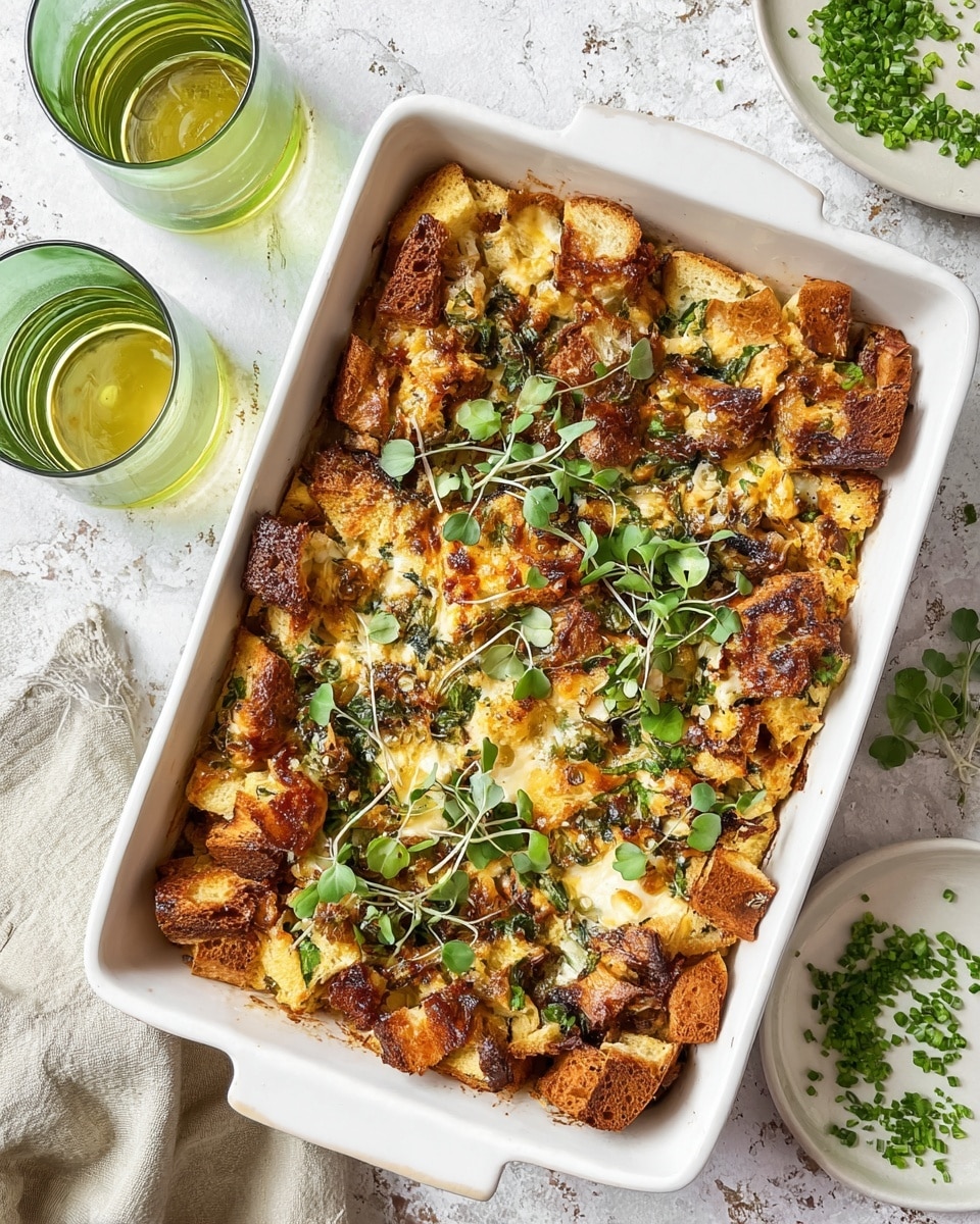 A baked casserole in a white baking dish with two handles, filled with a golden brown bread pudding made of toasted bread cubes, spinach leaves, melted cheese, and small bacon pieces, topped with fresh green sprouts scattered on top. The bread cubes have a crisp, browned texture with some darker toasted edges, and the cheese is melted and slightly bubbly. Around the dish on a white marbled surface are a light gray cloth, some fresh spinach leaves, plates stacked with a white plate on top, a small white bowl with chopped green herbs, two green glass cups filled with a light yellow liquid, and a small white bowl with coarse salt. photo taken with an iphone --ar 4:5 --v 7