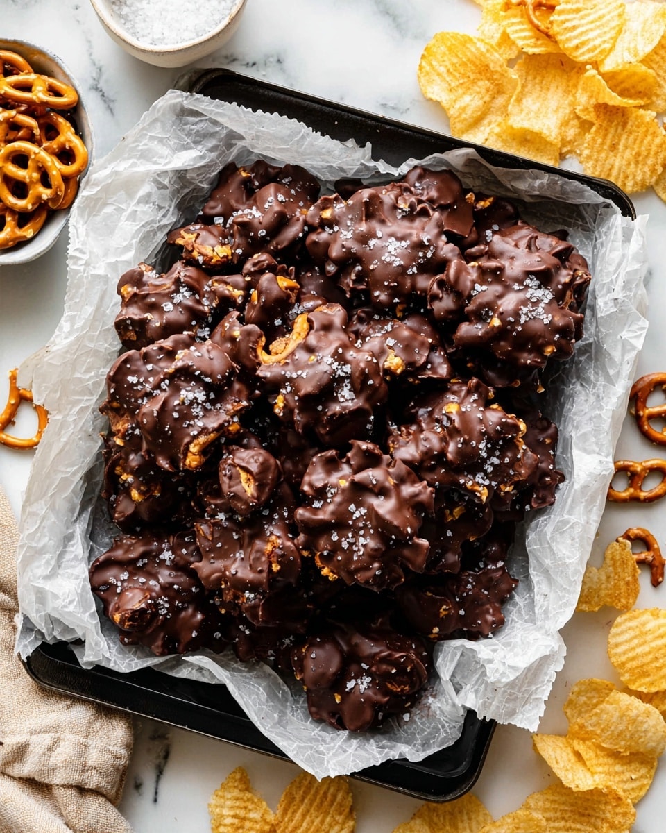A black rectangular tray lined with white parchment paper holds a pile of dark chocolate clusters, each with a rough texture made from pretzel sticks and nuts coated thickly in chocolate, sprinkled lightly with coarse sea salt that adds white specks on top. Around the tray, on a white marbled surface, are scattered golden pretzels, salted ridged potato chips, salted peanuts, a small white dish filled with salt, and a white bowl filled with mixed chips and pretzels. photo taken with an iphone --ar 4:5 --v 7