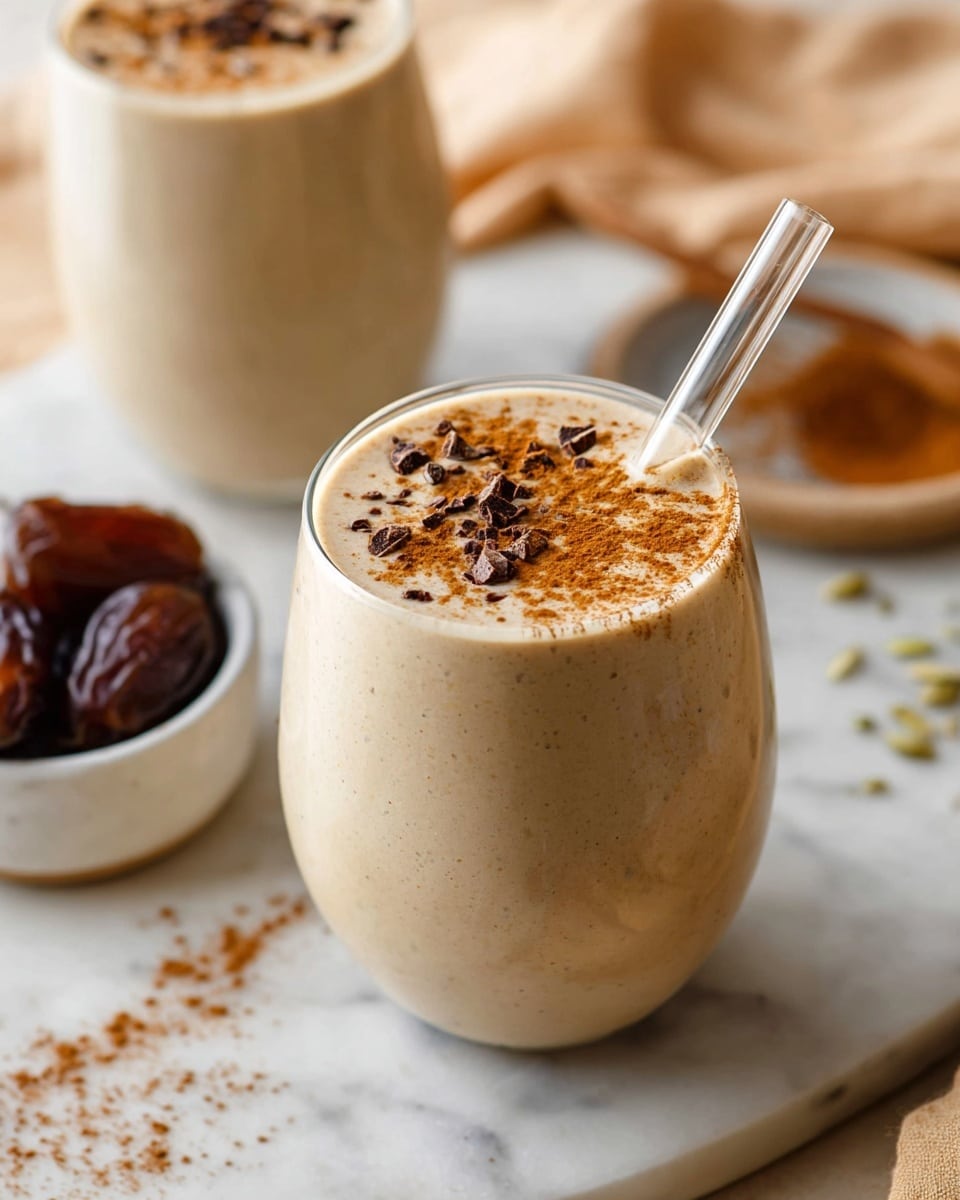 A creamy light brown smoothie is served in a clear curvy glass jar with a transparent straw on the right side. The smoothie fills the jar close to the top and is sprinkled with small pieces of chopped dates and a dusting of cinnamon powder on the surface. In the background, another similar jar is slightly blurred, also topped with cinnamon. The jars sit on a white marbled cutting board, with some scattered seeds and a few whole dates around. In the far background, there is a small white bowl filled with whole dates, all set on a soft beige cloth. Photo taken with an iphone --ar 4:5 --v 7