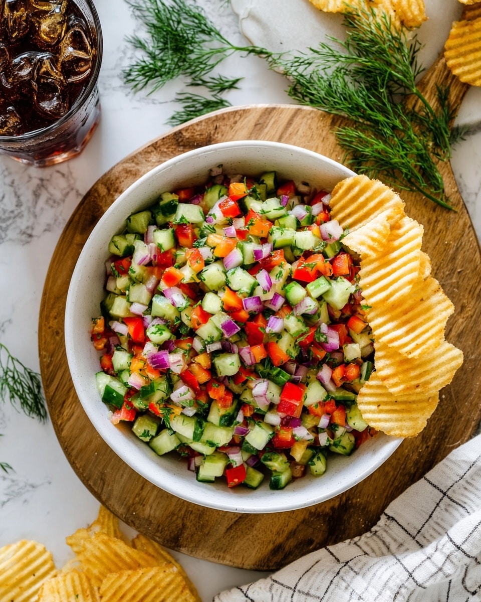 A bowl filled with a colorful chopped vegetable salad that has three layers: a base of finely diced green cucumbers, a middle layer of bright red bell peppers, and a top layer of small purple onion pieces, all mixed evenly with specks of fresh green dill. Two pale, ridged potato chips rest on the right side of the salad. The bowl is off-white with a slightly rough texture and sits on a brown wooden board, with a glass of dark iced drink nearby, and more potato chips scattered around on a white marbled surface. photo taken with an iphone --ar 4:5 --v 7