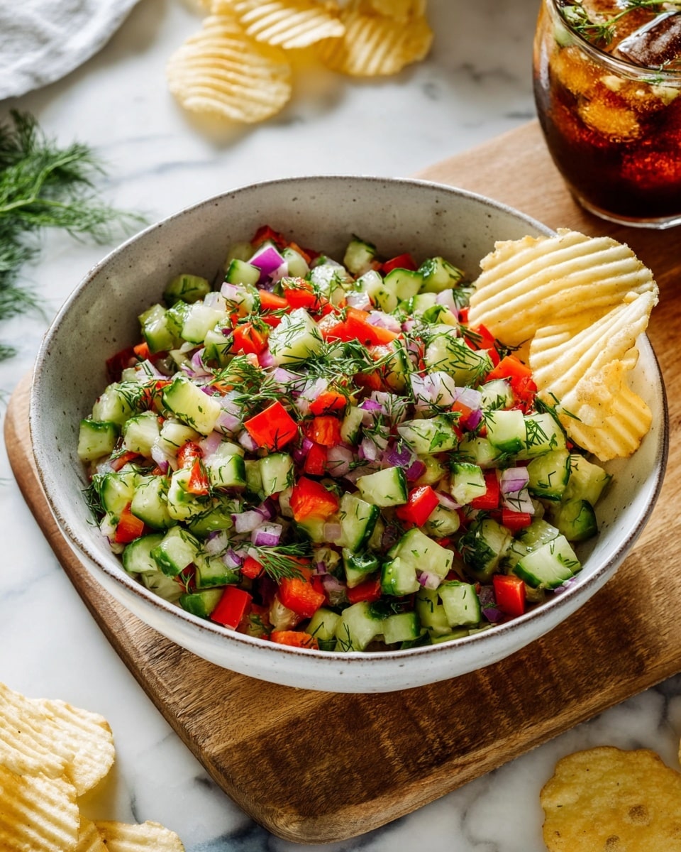 A white bowl filled with a colorful mix of finely chopped vegetables including green cucumbers, red and orange bell peppers, purple onions, and bits of green herbs, all evenly diced and mixed together. The bowl is placed on a wooden board with some crinkle-cut potato chips resting on the right edge of the bowl and scattered around the board. A few sprigs of fresh dill add a touch of green on the left side of the bowl. Part of a glass with iced dark soda is visible on the upper right, alongside a white and beige striped cloth. The background has a white marbled texture. photo taken with an iphone --ar 4:5 --v 7