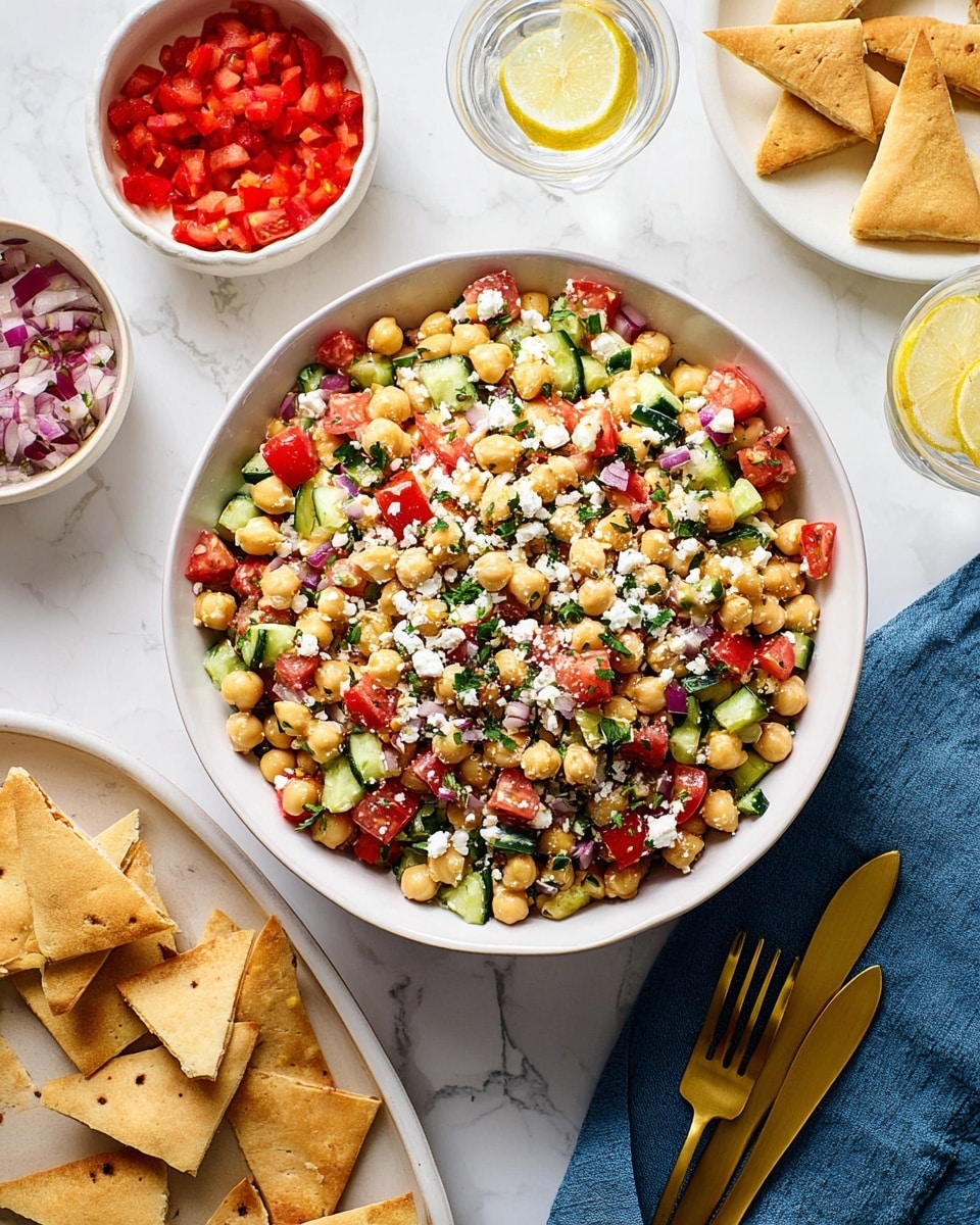A white bowl filled with a colorful chickpea salad that has three main layers: a base of light yellow chickpeas, mixed with chopped red tomatoes and green cucumbers, topped with small bits of white crumbled cheese and finely chopped fresh herbs scattered evenly; the bright colors stand out against the bowl's white background. Around the bowl, there is white marbled texture visible as the background, with a white plate on the left holding toasted pita bread pieces that are off-white with light brown spots, a small bowl of fresh green parsley above, a small bowl of diced red tomatoes below, and another small bowl of crumbled white cheese next to it. On the right side, a clear glass with a lemon wedge is partially visible, accompanied by white-handled fork and spoon with golden tops resting on a dark blue cloth. Photo taken with an iphone --ar 4:5 --v 7