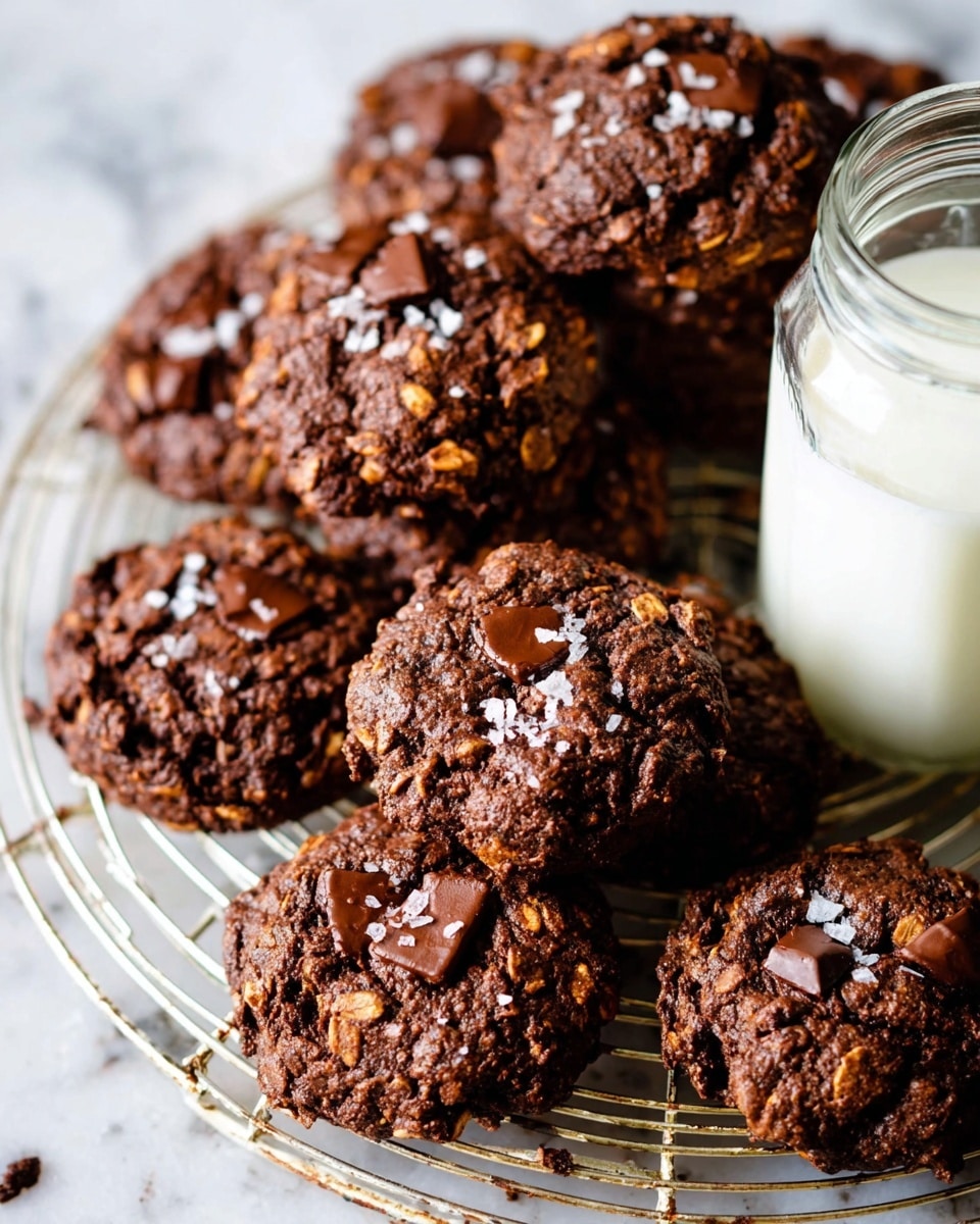 The image shows a close-up of several dark brown chocolate oatmeal cookies with chocolate chips and flakes of sea salt on top, arranged on a round metal cooling rack. The cookies have a rough, chunky texture with visible oats and chocolate pieces. In the background, there is a clear glass filled with white milk. The whole scene is set on a white marbled surface. photo taken with an iphone --ar 4:5 --v 7