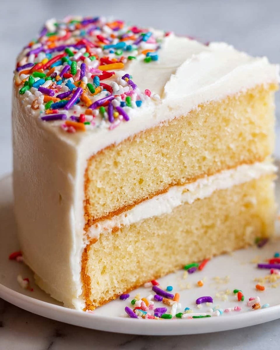 A close-up of a two-layer vanilla cake slice covered in smooth white frosting, with thick frosting between the layers and around the sides. The top layer is decorated with colorful sprinkles in shades of red, green, purple, pink, blue, yellow, and orange. The cake texture looks soft and moist with a light golden color. The slice is set on a white marbled surface. photo taken with an iphone --ar 4:5 --v 7