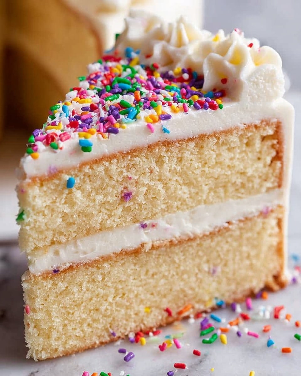 A close-up view of a two-layer vanilla cake with a light golden-yellow crumb and smooth white frosting covering the entire cake. Between the two cake layers is a thin layer of white frosting. The top surface is also frosted white and decorated with colorful, thin, tube-shaped sprinkles in red, blue, green, purple, yellow, and orange concentrated mostly on one side. The cake is placed on a white plate with a few scattered sprinkles around it, all set against a white marbled texture. photo taken with an iphone --ar 4:5 --v 7
